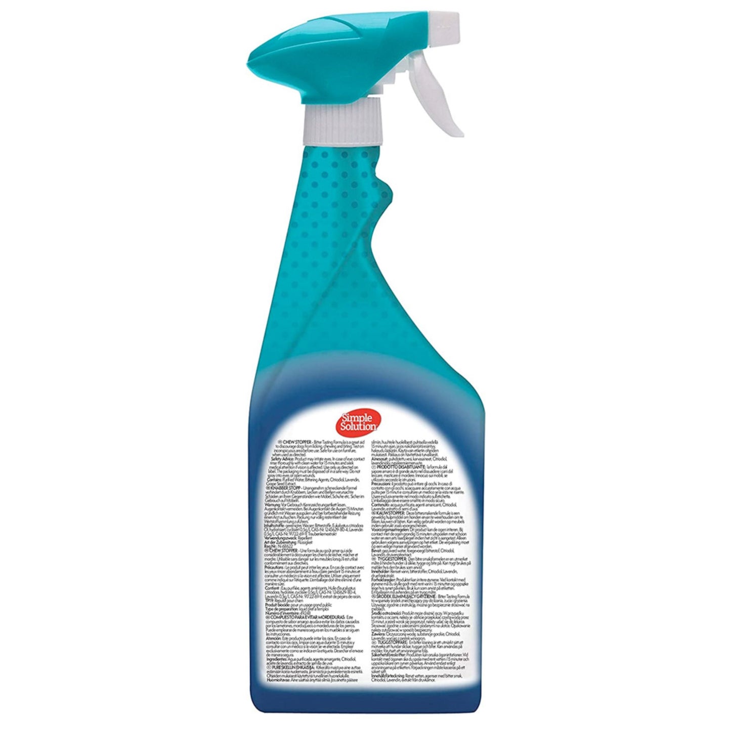 Blue spray bottle with a white label on a white background