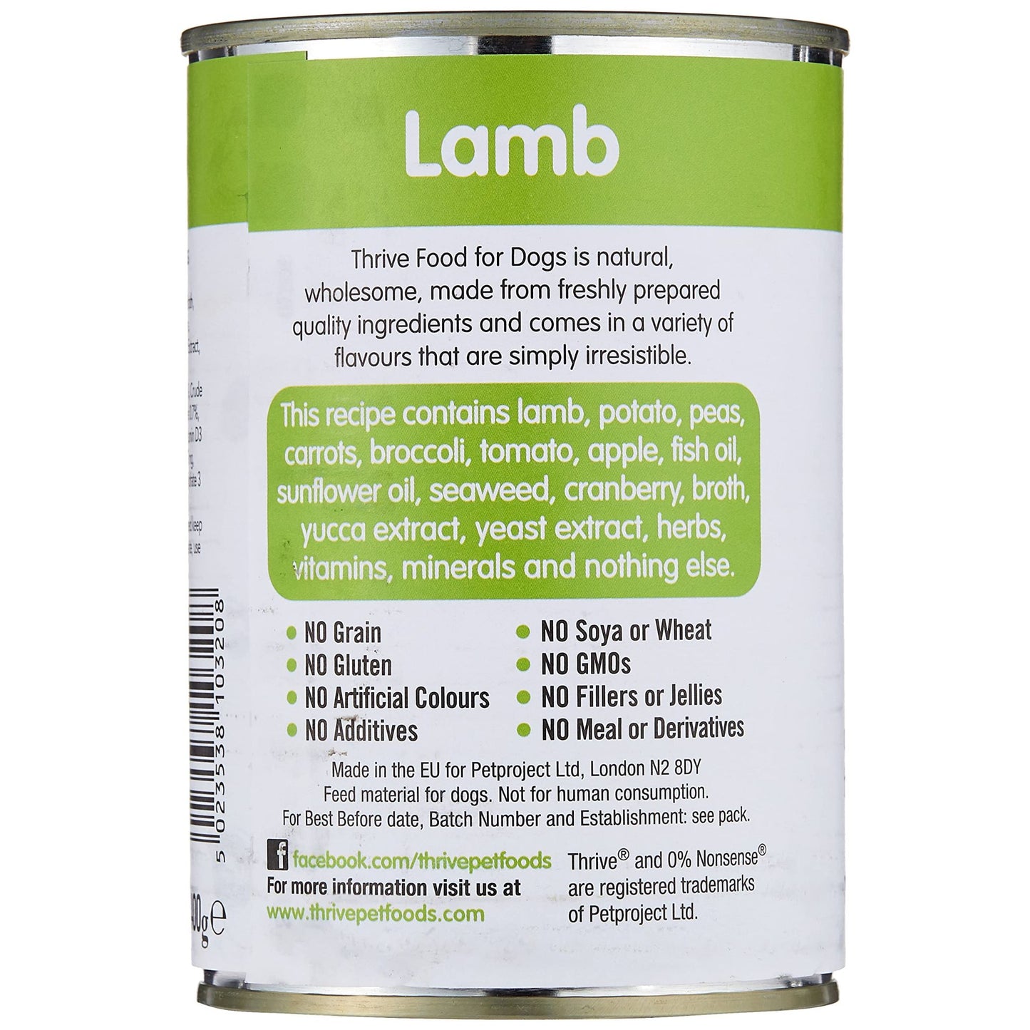 Can of Thrive Food for Dogs with a green label on a white background