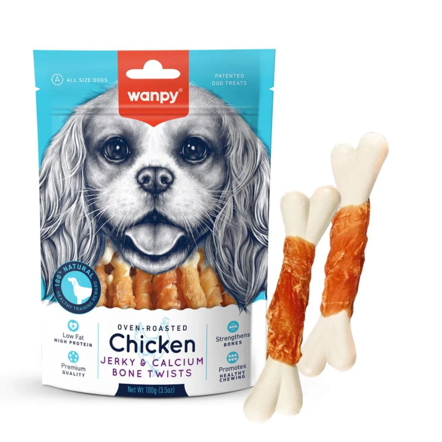 Wanpy Chicken Jerky & Calcium Twists Dog Chew Snack - 100g