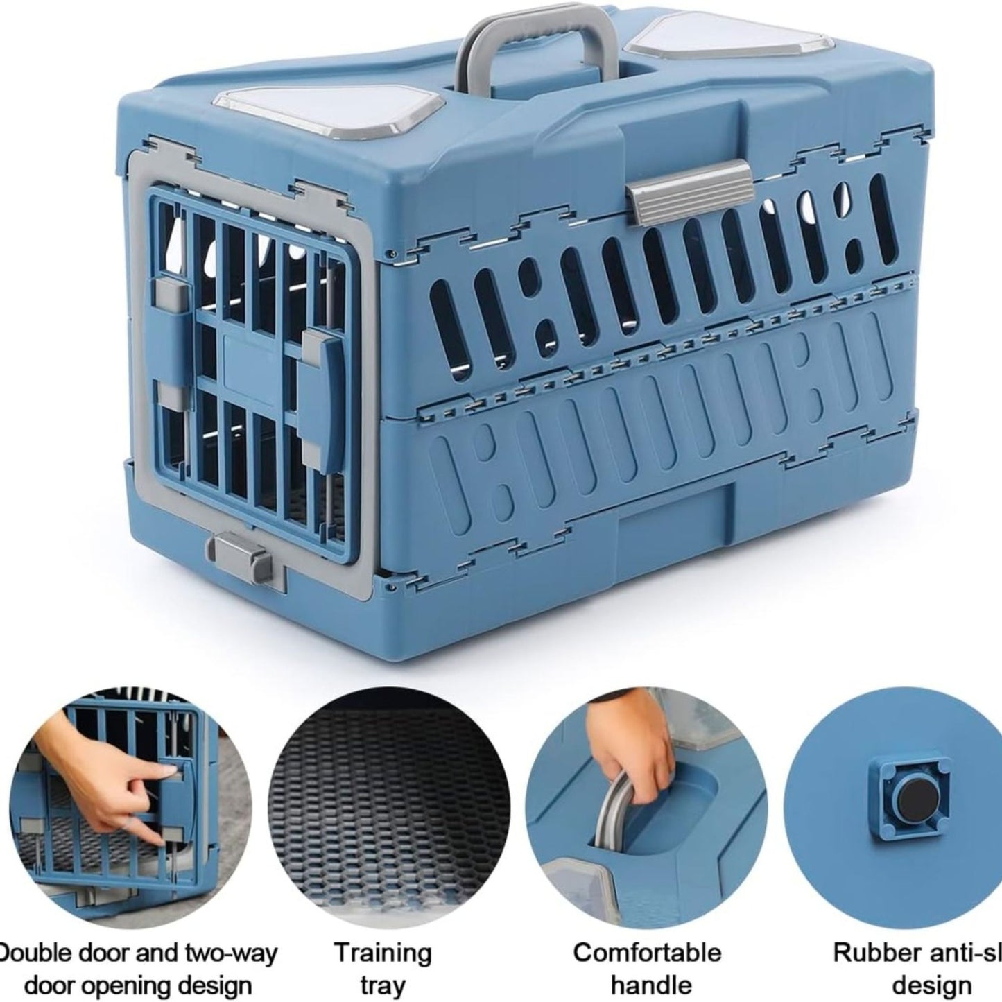 Blue pet carrier with features highlighted on a white background