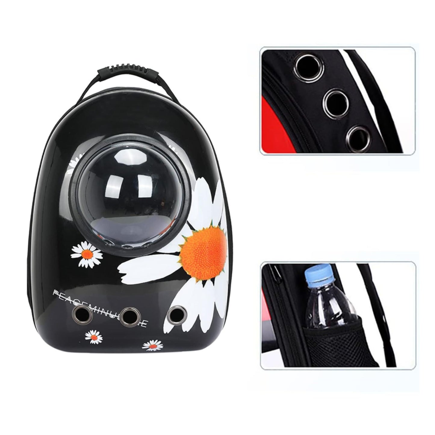 Black pet carrier with floral design and inset images showing details