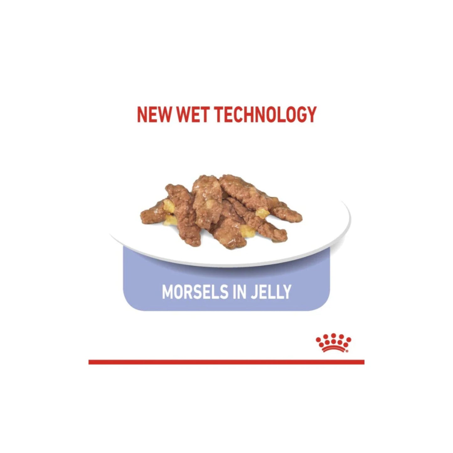 Cat food container with morsels in jelly on a white background, featuring the brand logo.