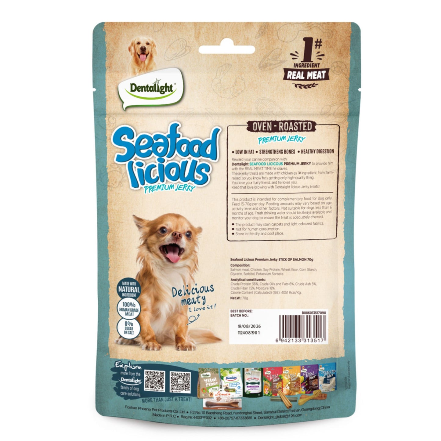 Dentalight Seafood Licious dog treat package on a white background