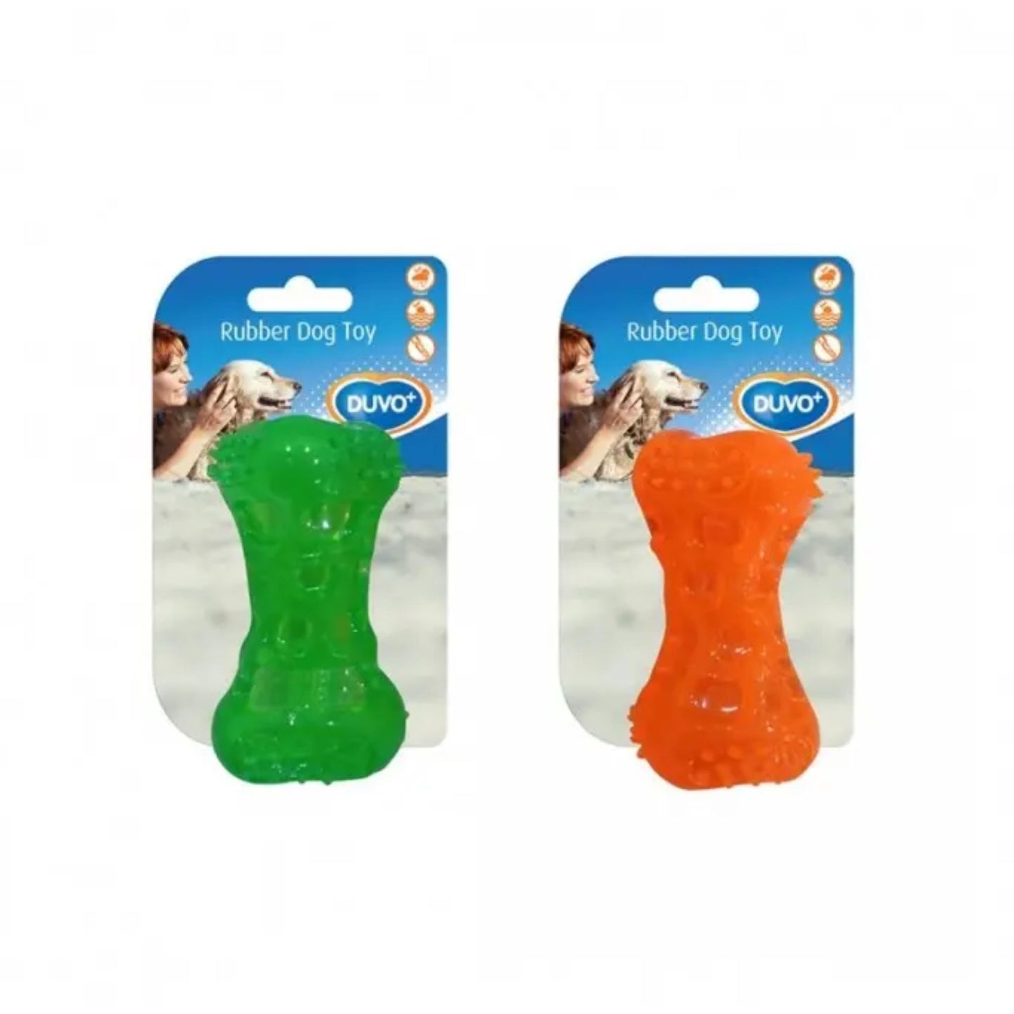 Two packages of Duvo+ rubber dog toys, one green and one orange, on a white background.