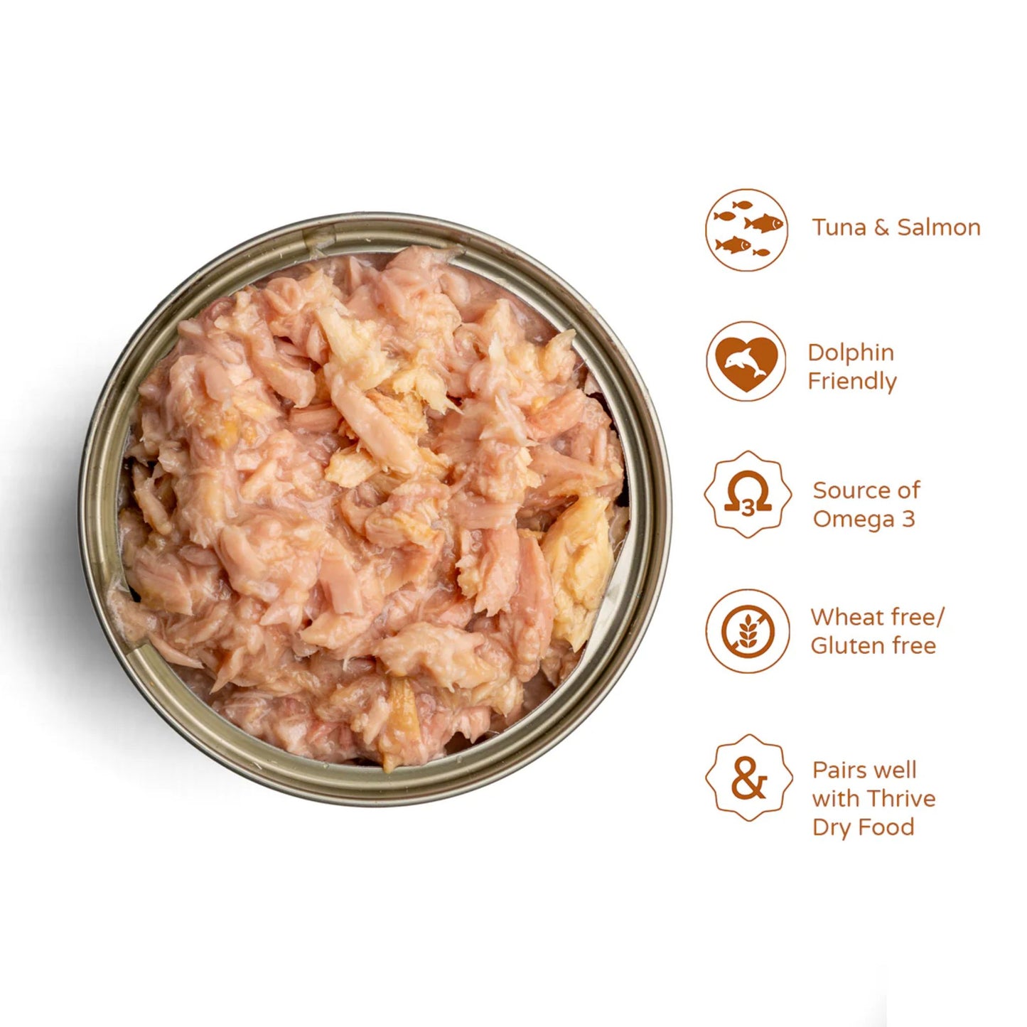 Can of tuna and salmon pet food with health benefits listed on a white background