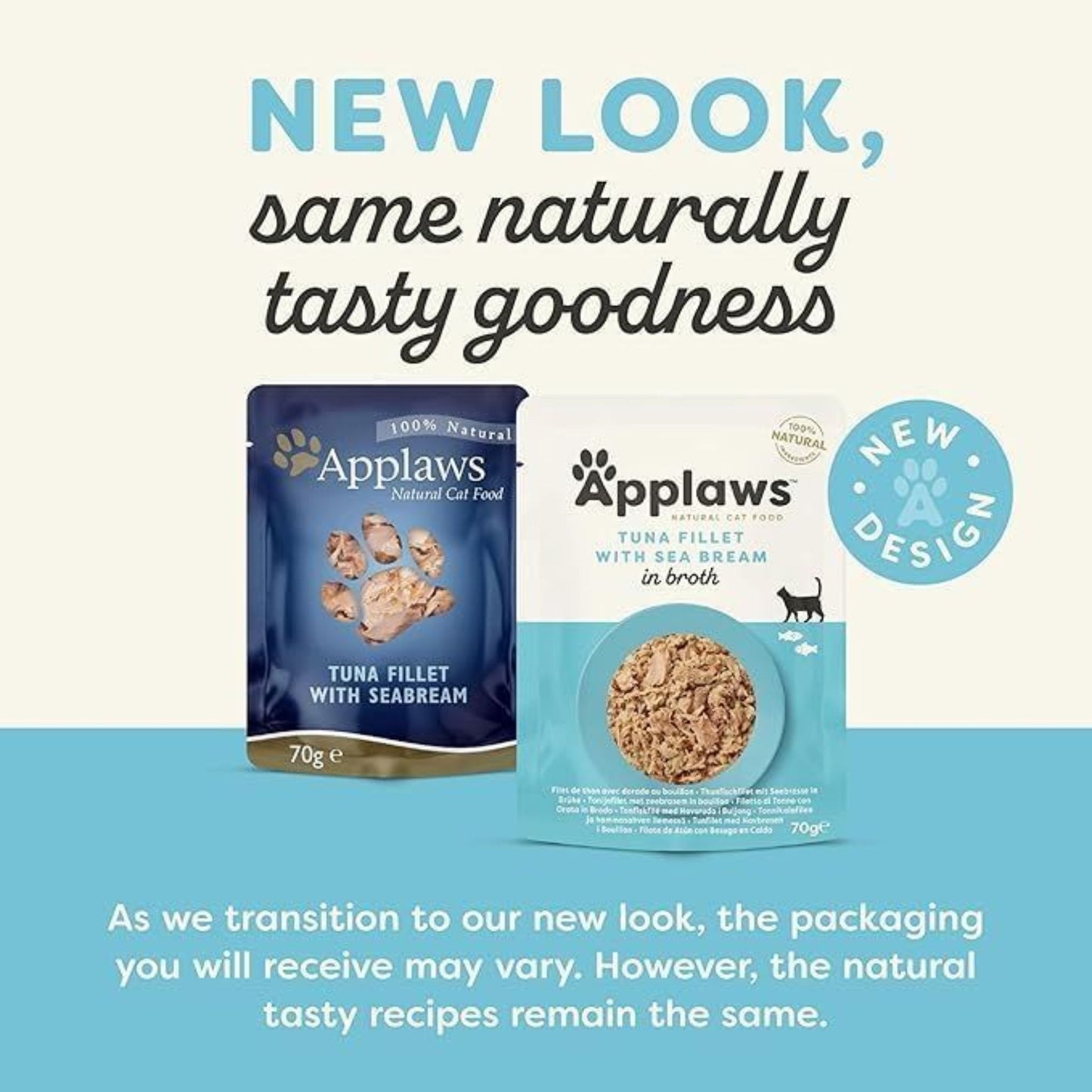 Two Applaws cat food packages with text about new packaging design.
