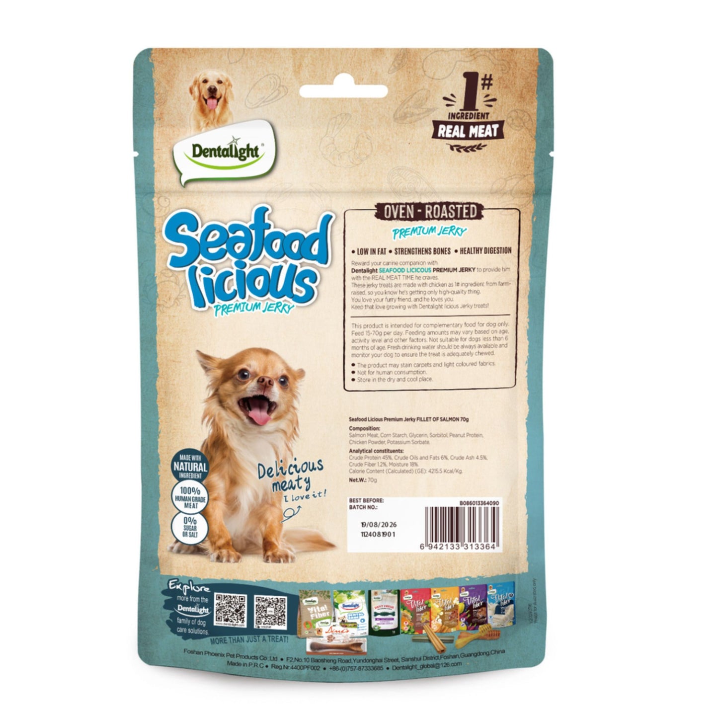 Dog food package with 'Dentalight' branding on a white background