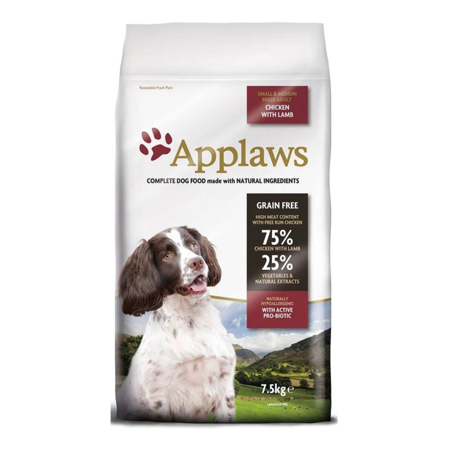 Bag of Applaws dog food with a dog on the label against a white background