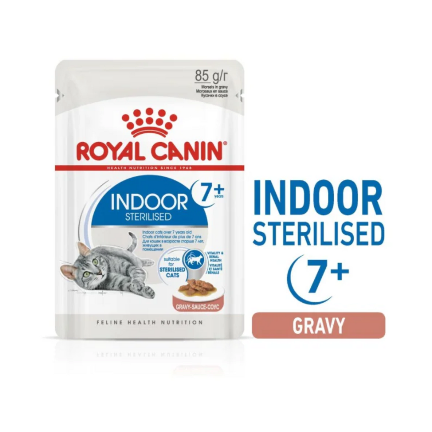 Royal Canin Indoor Sterilised 7+ gravy cat food packet on a white background