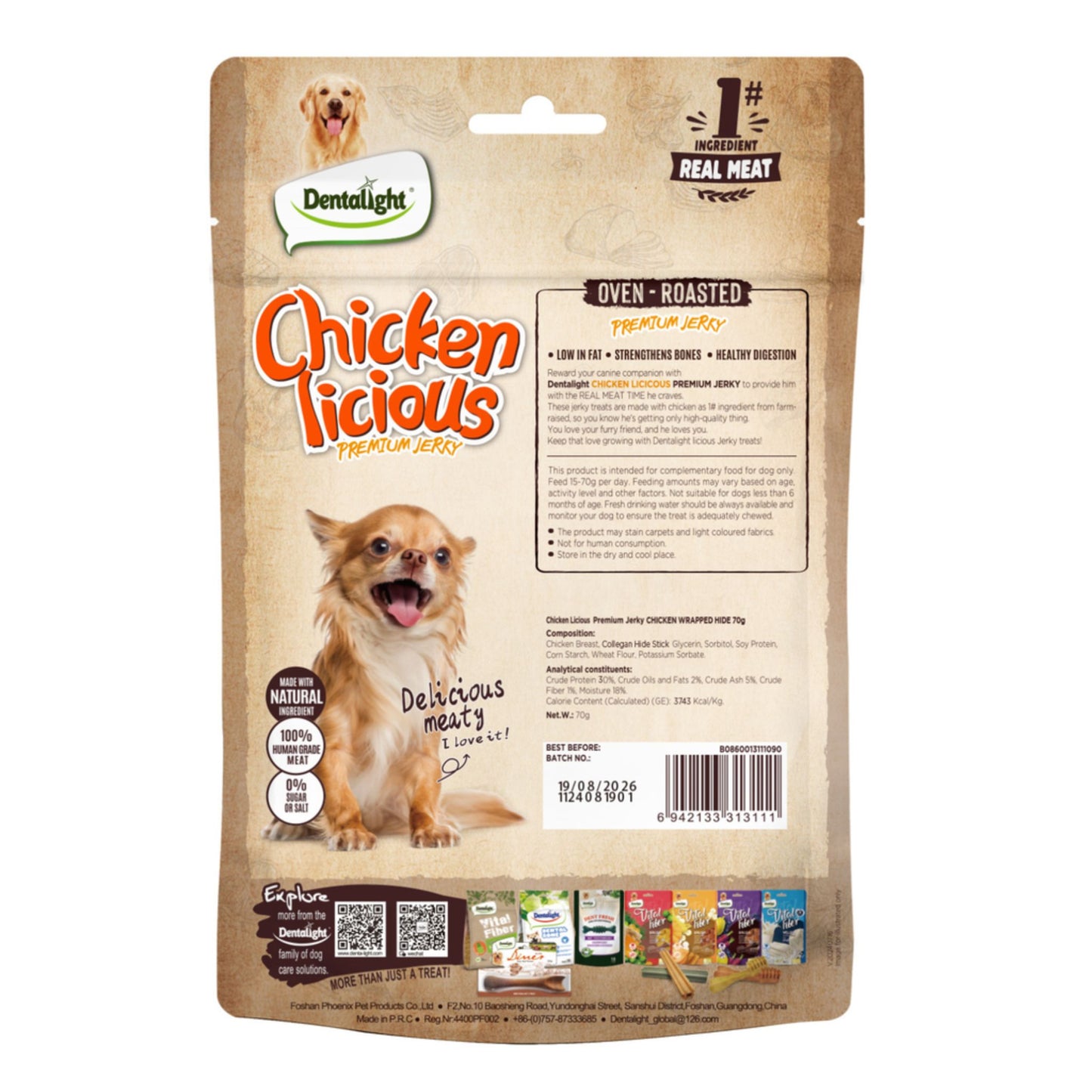 Dentalight Chicken Licious dog treat package on a white background