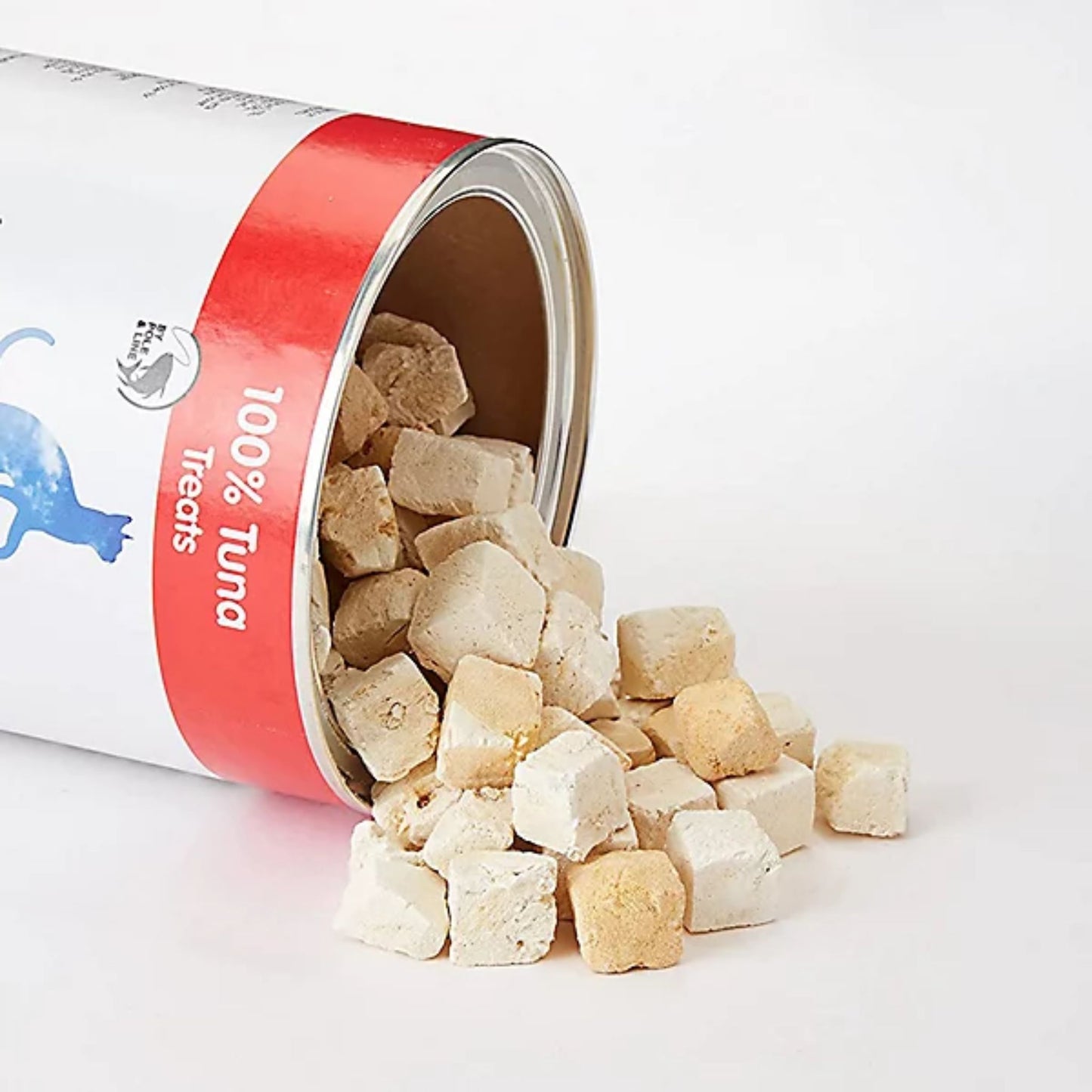Can of tuna treats with open lid on a white background
