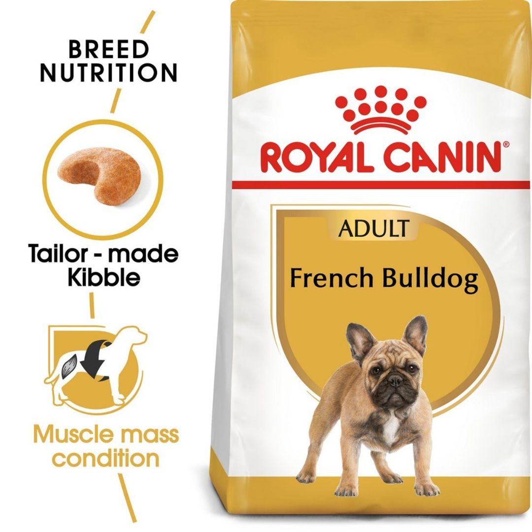 Royal Canin French Bulldog dog food package with text and images of a French Bulldog on a white background.