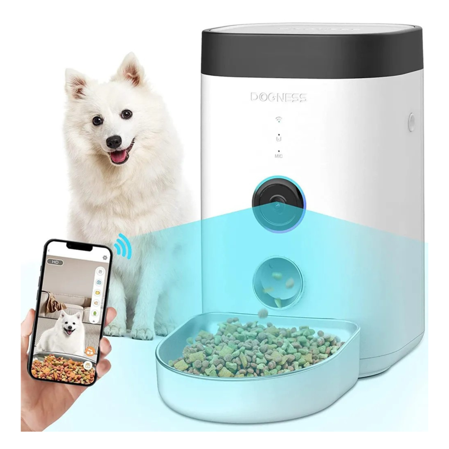 Pet feeder with a smartphone app interface, showing a dog and food being dispensed.