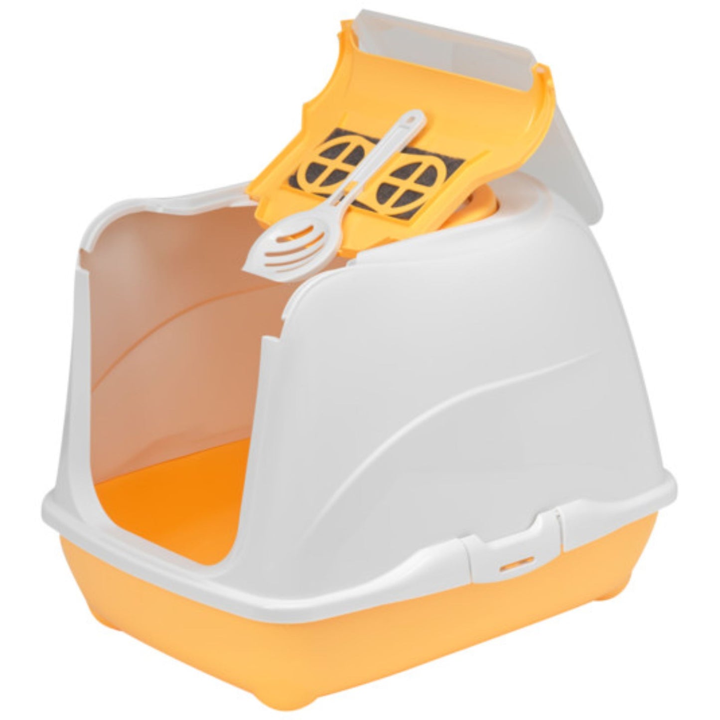 Orange and white pet litter box with a scoop on a white background