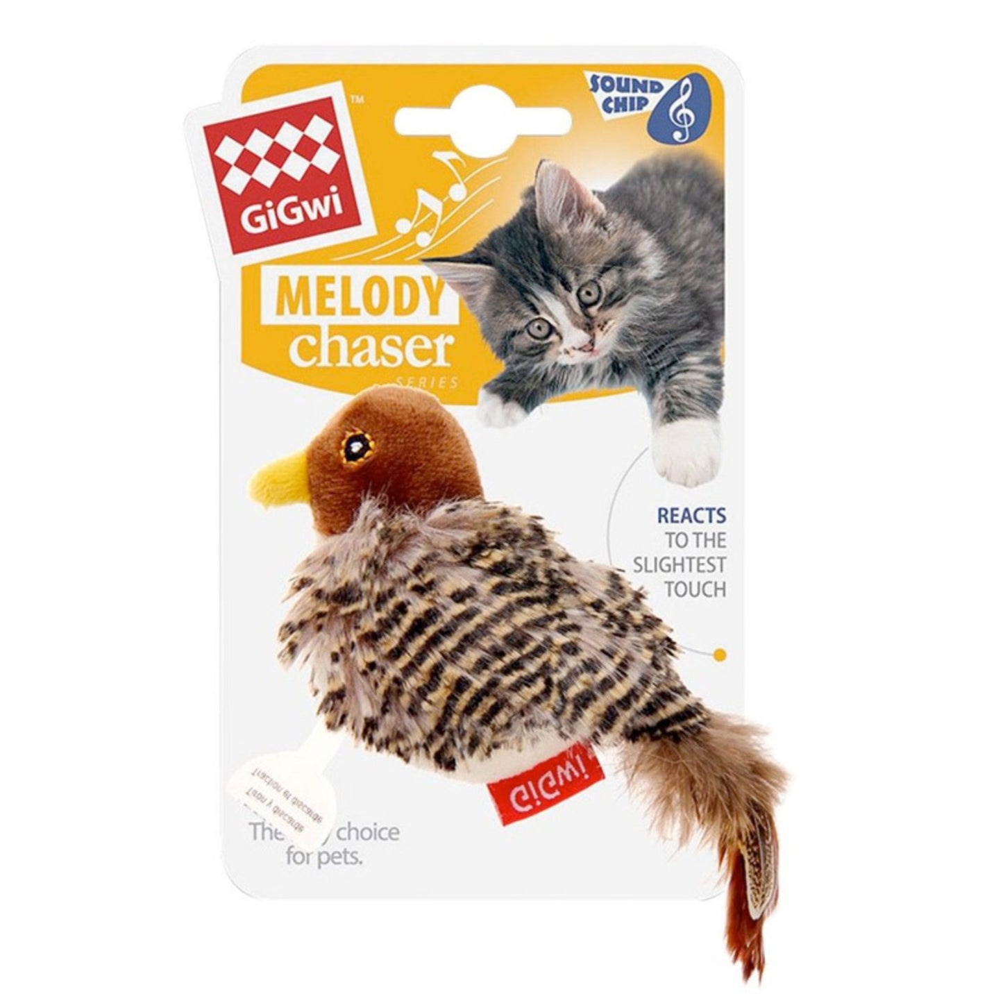 Cat toy with packaging featuring a cat and text, on a white background
