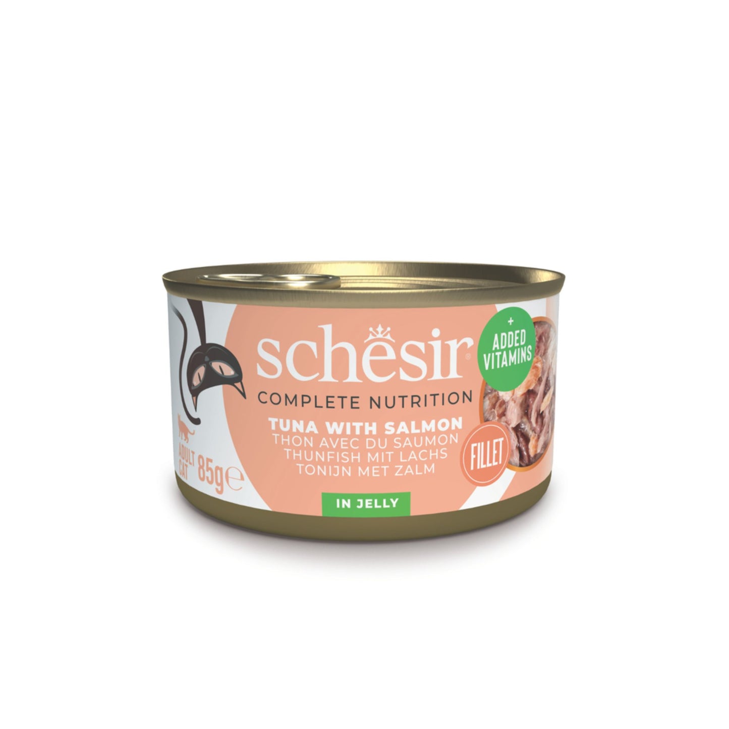 Can of Schesir tuna with salmon cat food on a white background