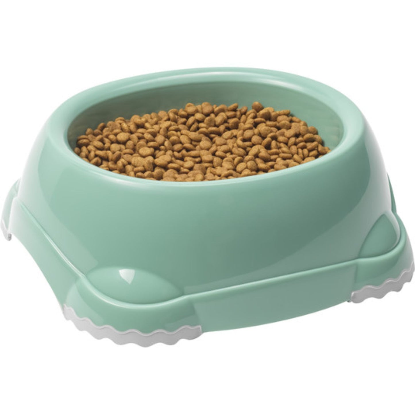 Green pet bowl with kibble on a white background