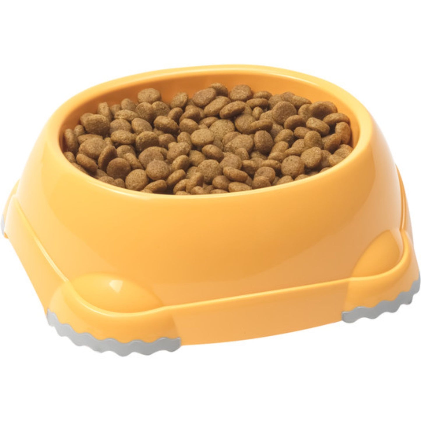 Yellow pet food bowl filled with kibble on a white background