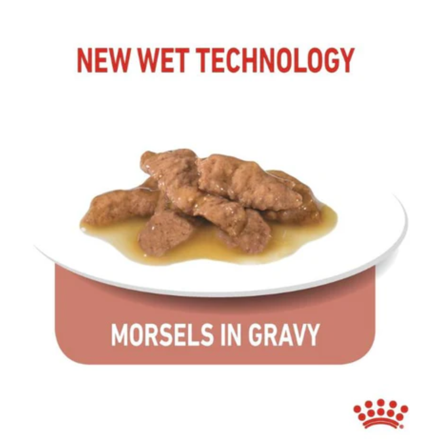 Cat food packaging with morsels in gravy on a white plate, labeled 'New Wet Technology' and 'Morsels in Gravy'.