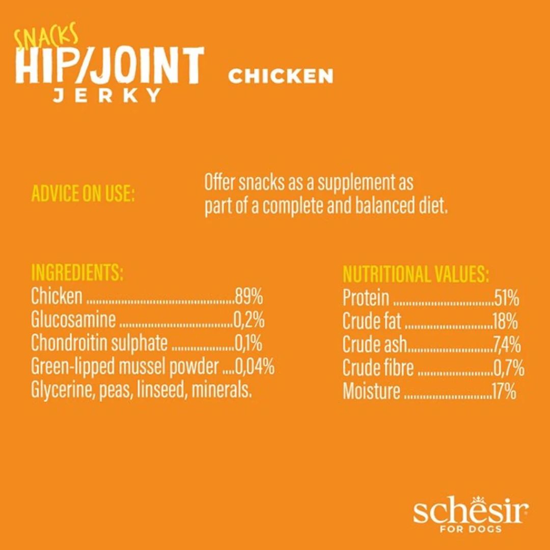 Product label for Schesir Hip & Joint Chicken Jerky with nutritional information on an orange background.