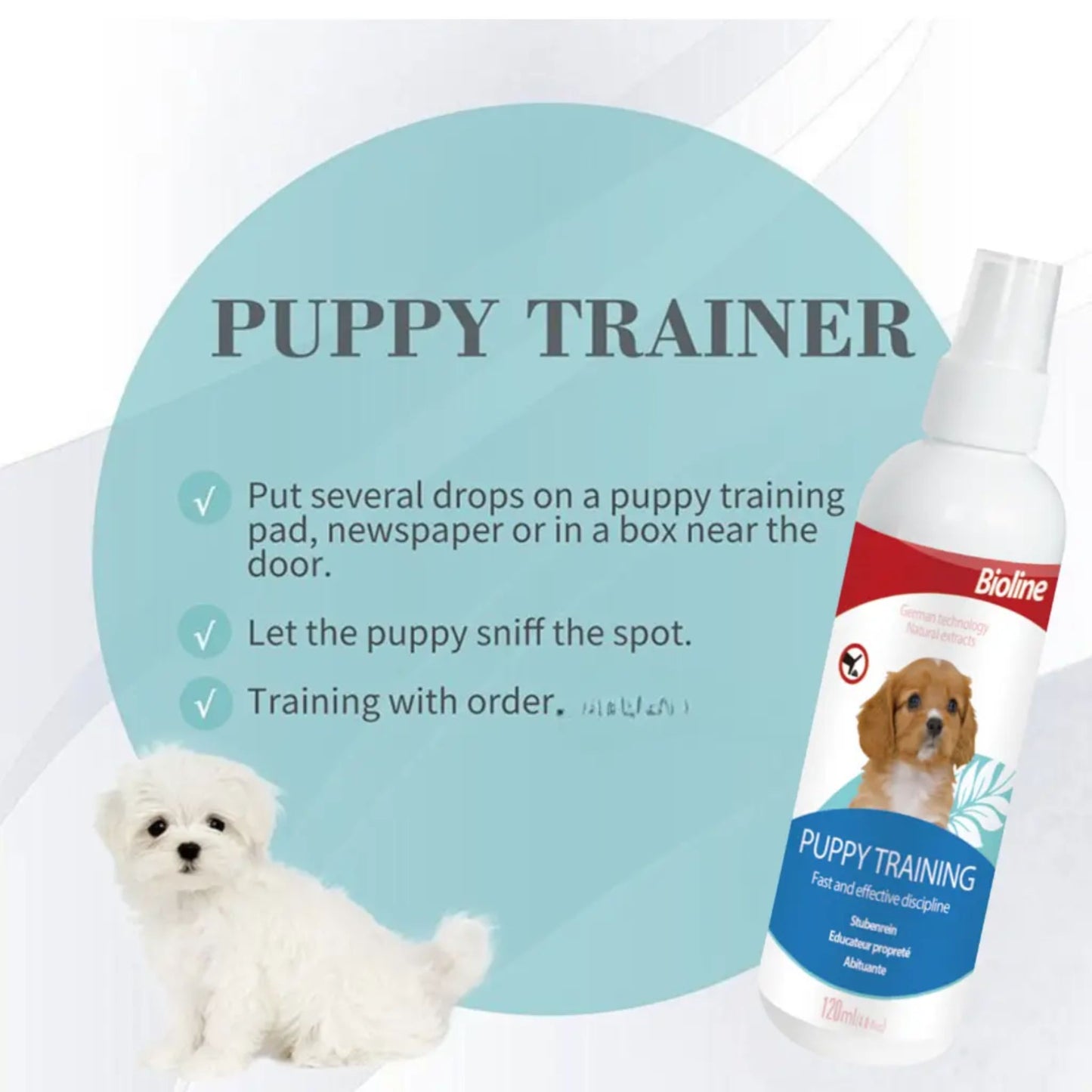 Puppy training product with a bottle and a small white dog on a light grey background