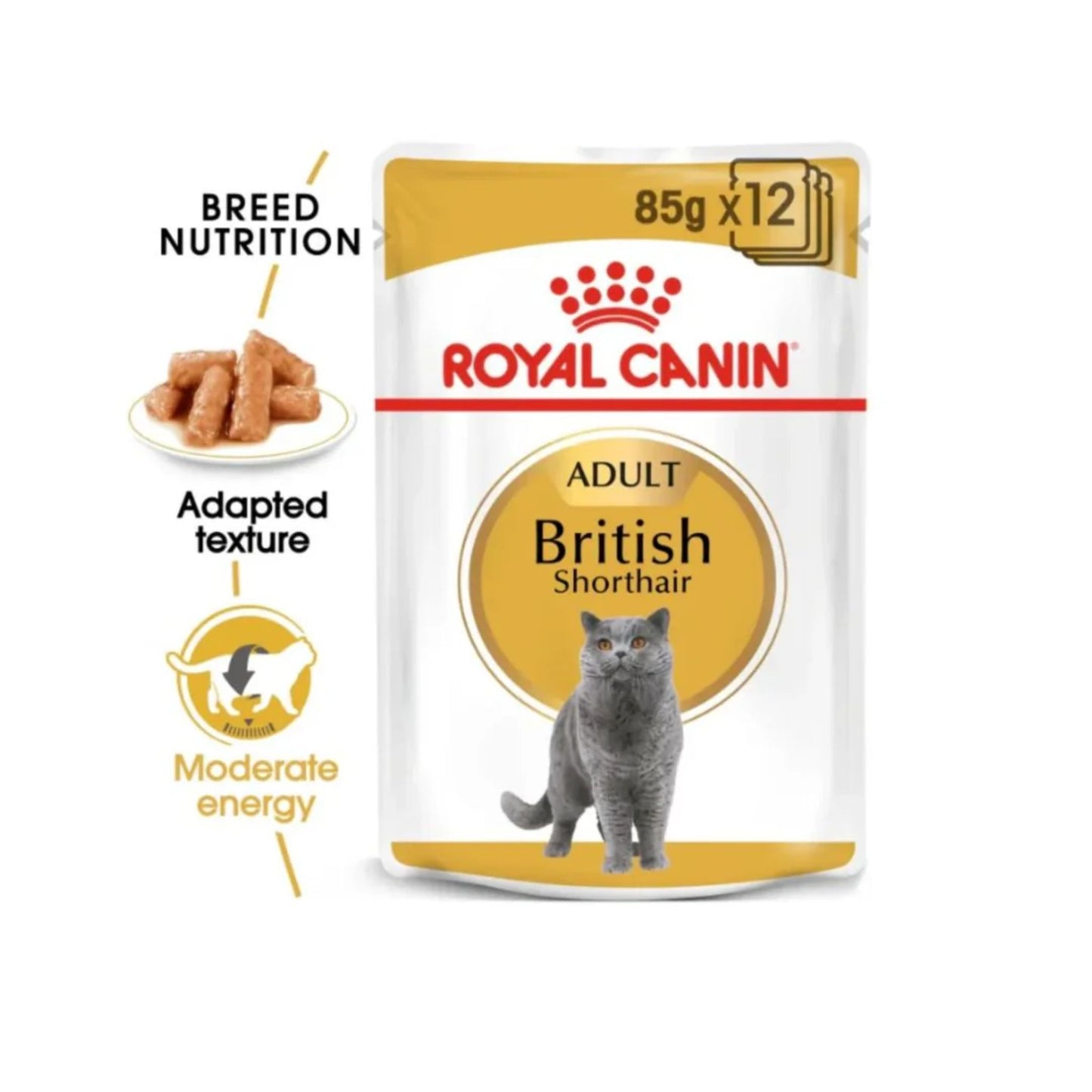Royal Canin Adult British Shorthair cat food pouch on a white background