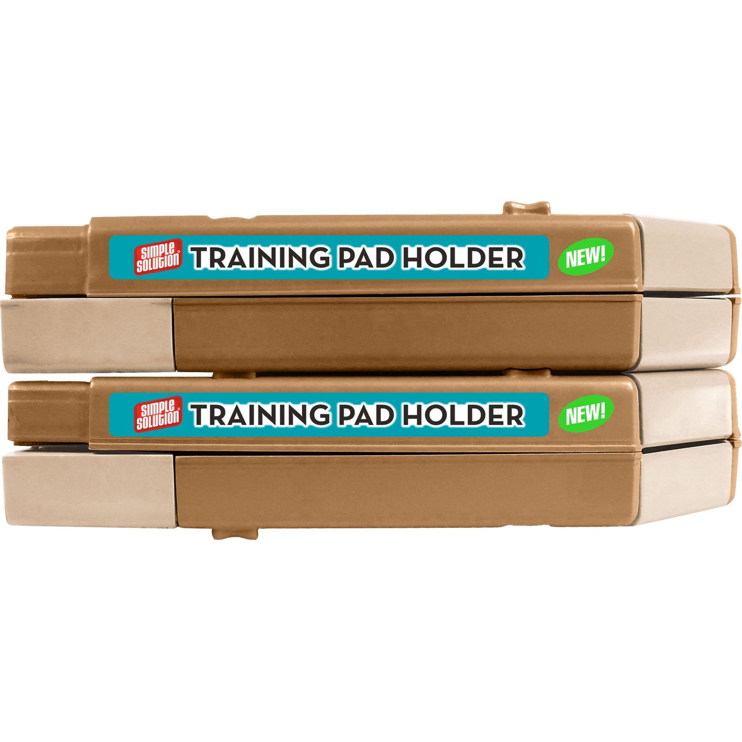 Two brown training pad holders with blue labels on a white background
