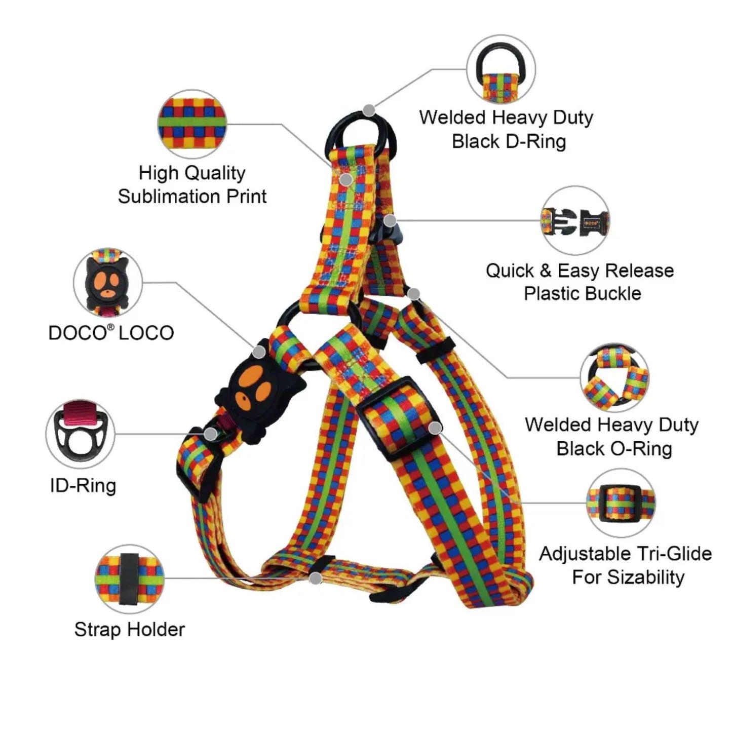 Colorful dog harness with labeled features on a white background