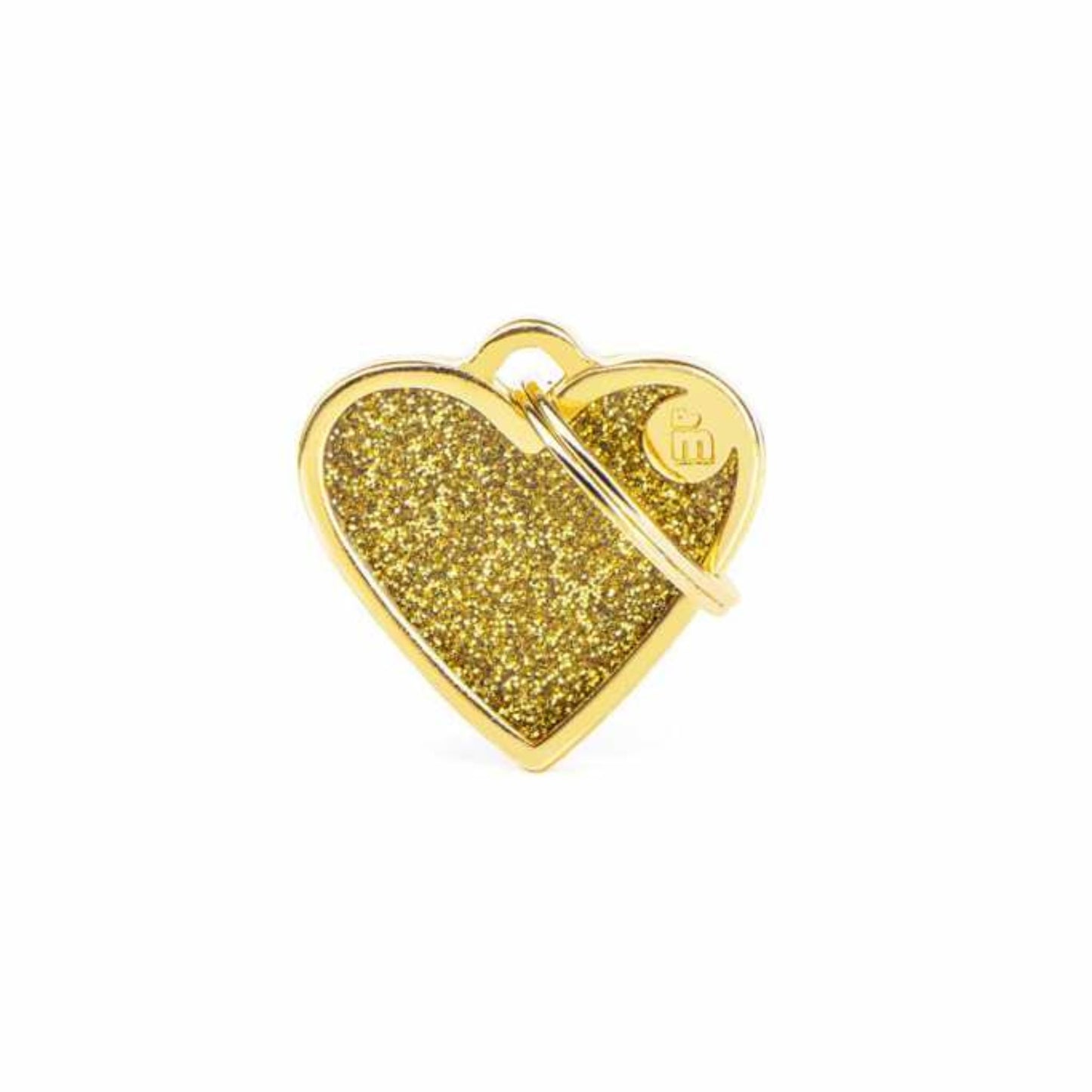 Gold glittery heart-shaped pet ID on a white background