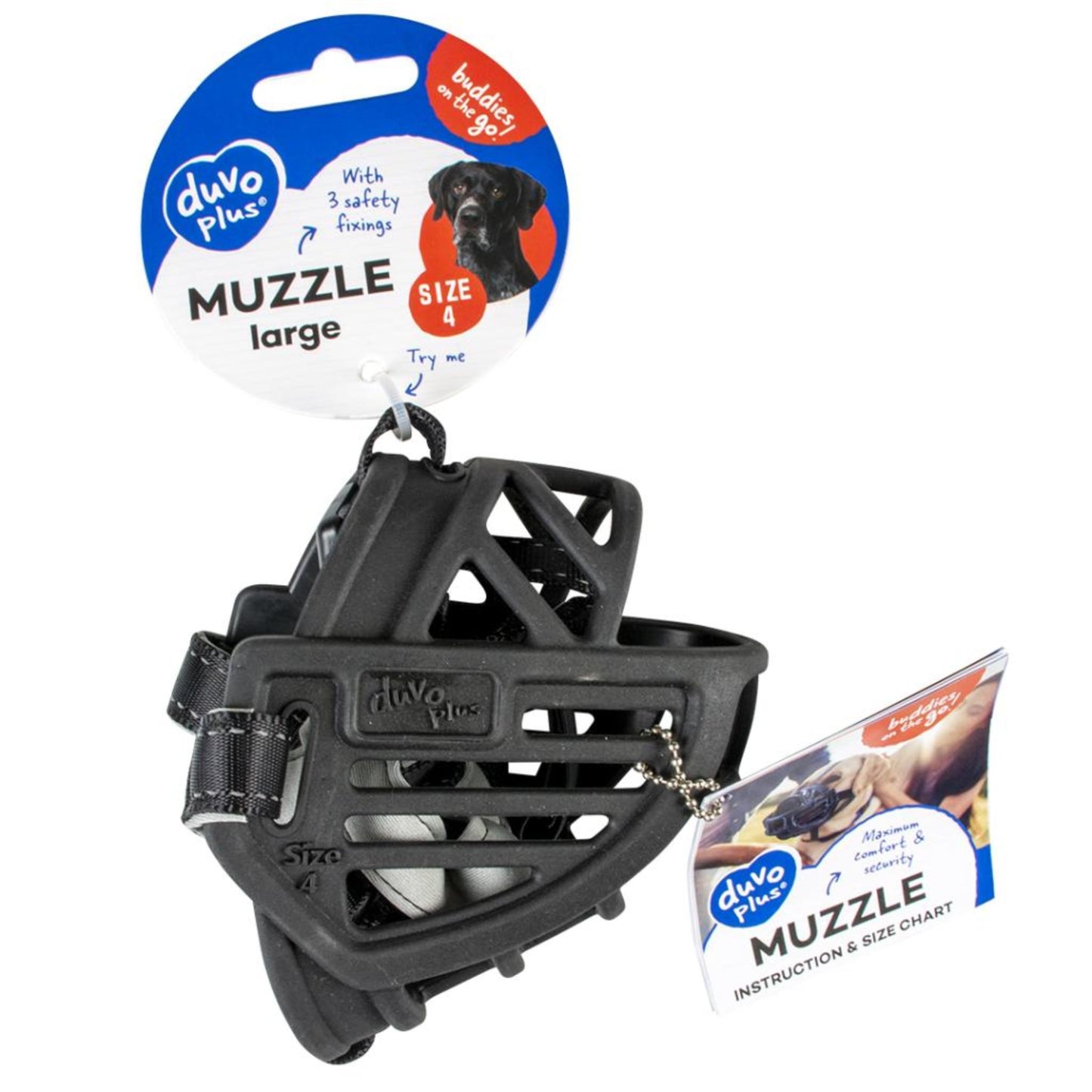 Black dog muzzle with packaging on a white background