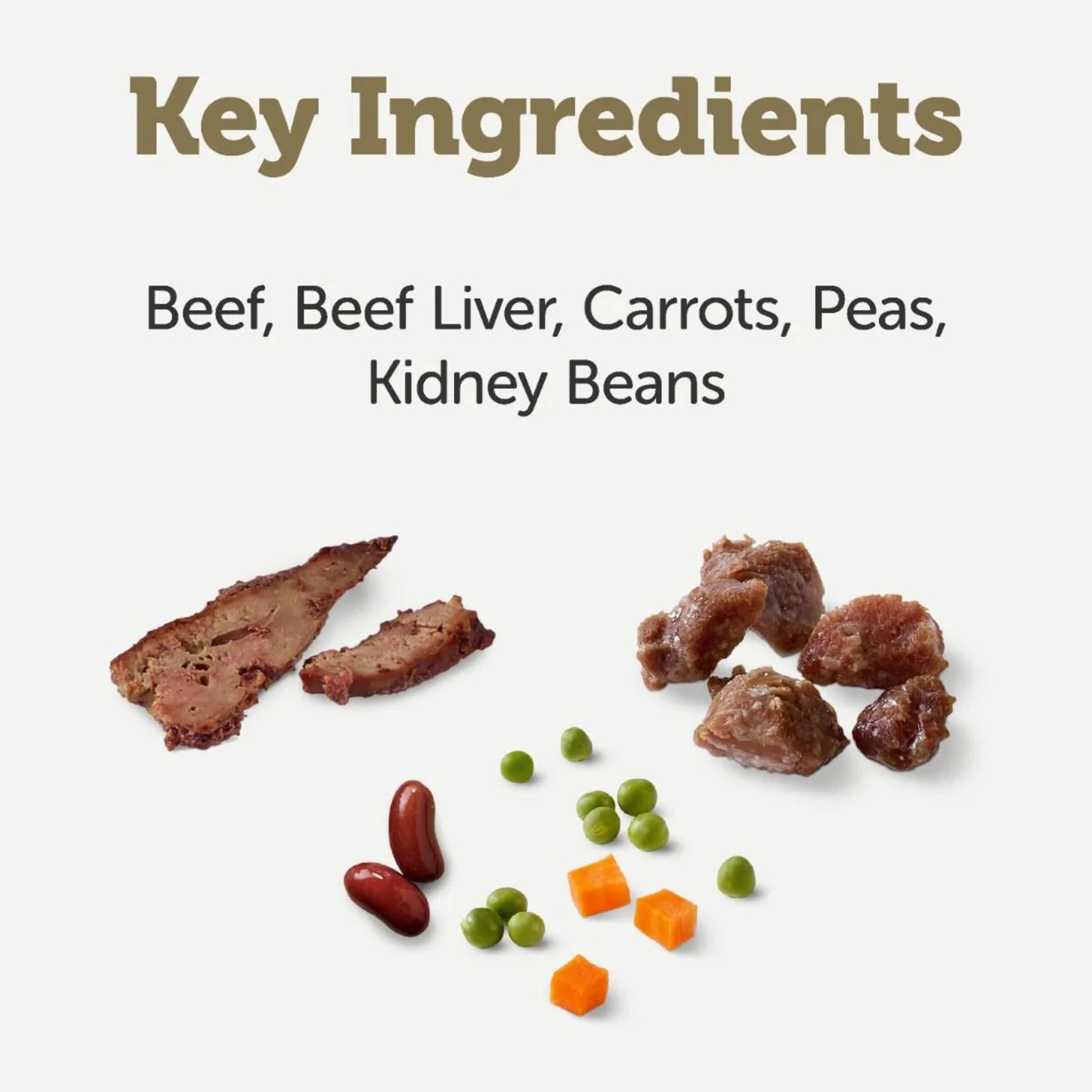Key ingredients of beef, beef liver, carrots, peas, and kidney beans displayed on a white background.
