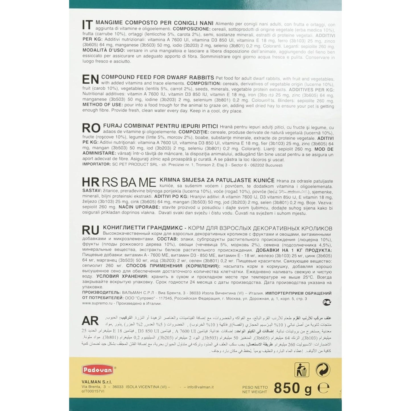 Padovan GrandMix Rabbit Diet Nutrient-Rich Coniglietti – 850g