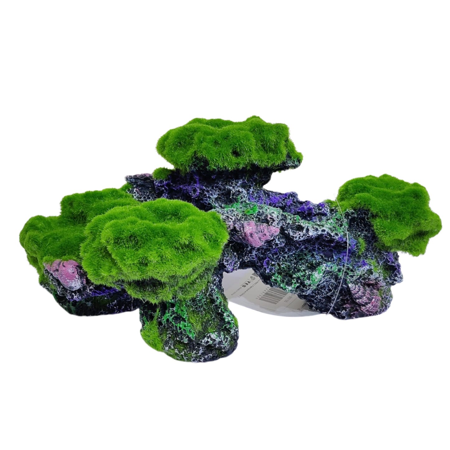Decorative aquarium rock with green moss on a white background