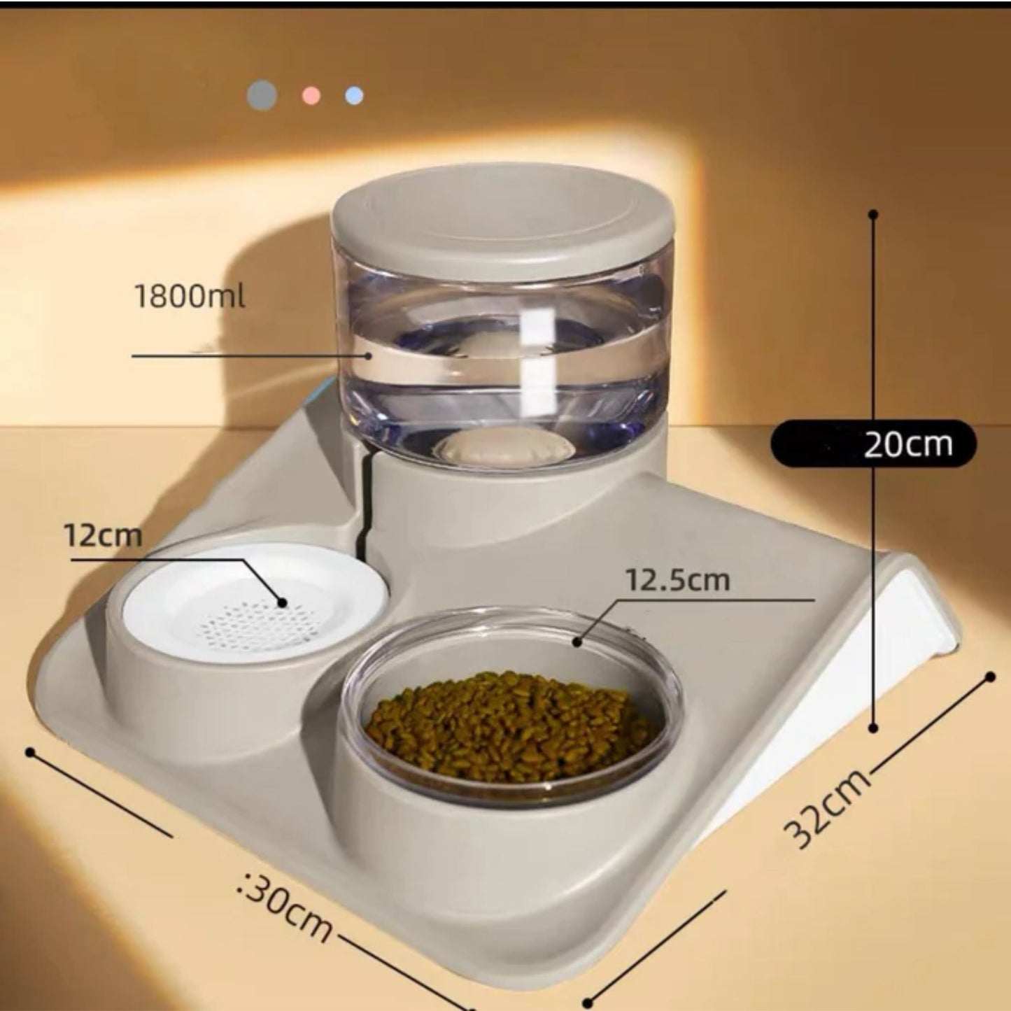 Pado Glossy Food & Water Dispenser Grey Pet Bowl - 1800ml