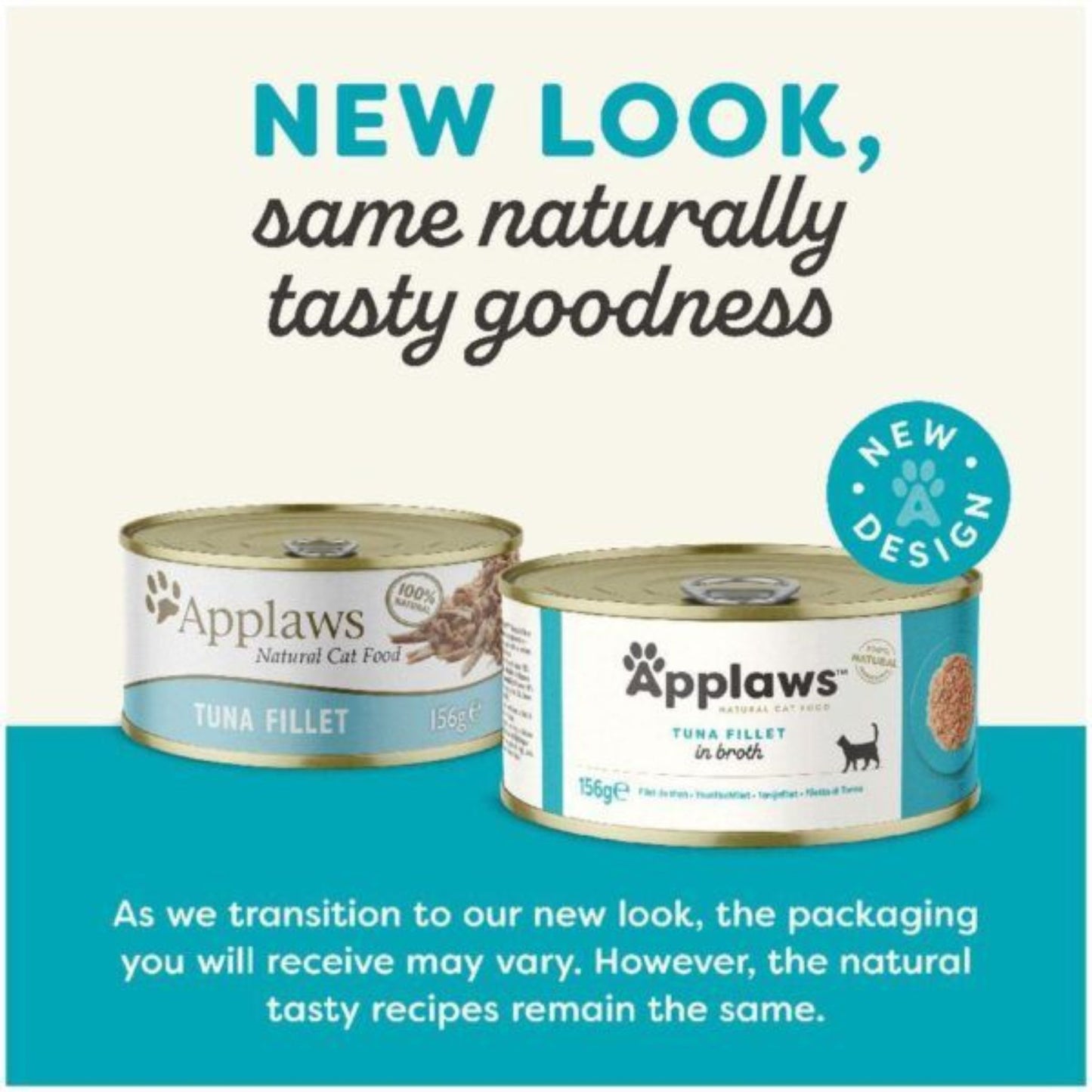 Two cans of Applaws cat food with text about new packaging design on a beige and blue background.