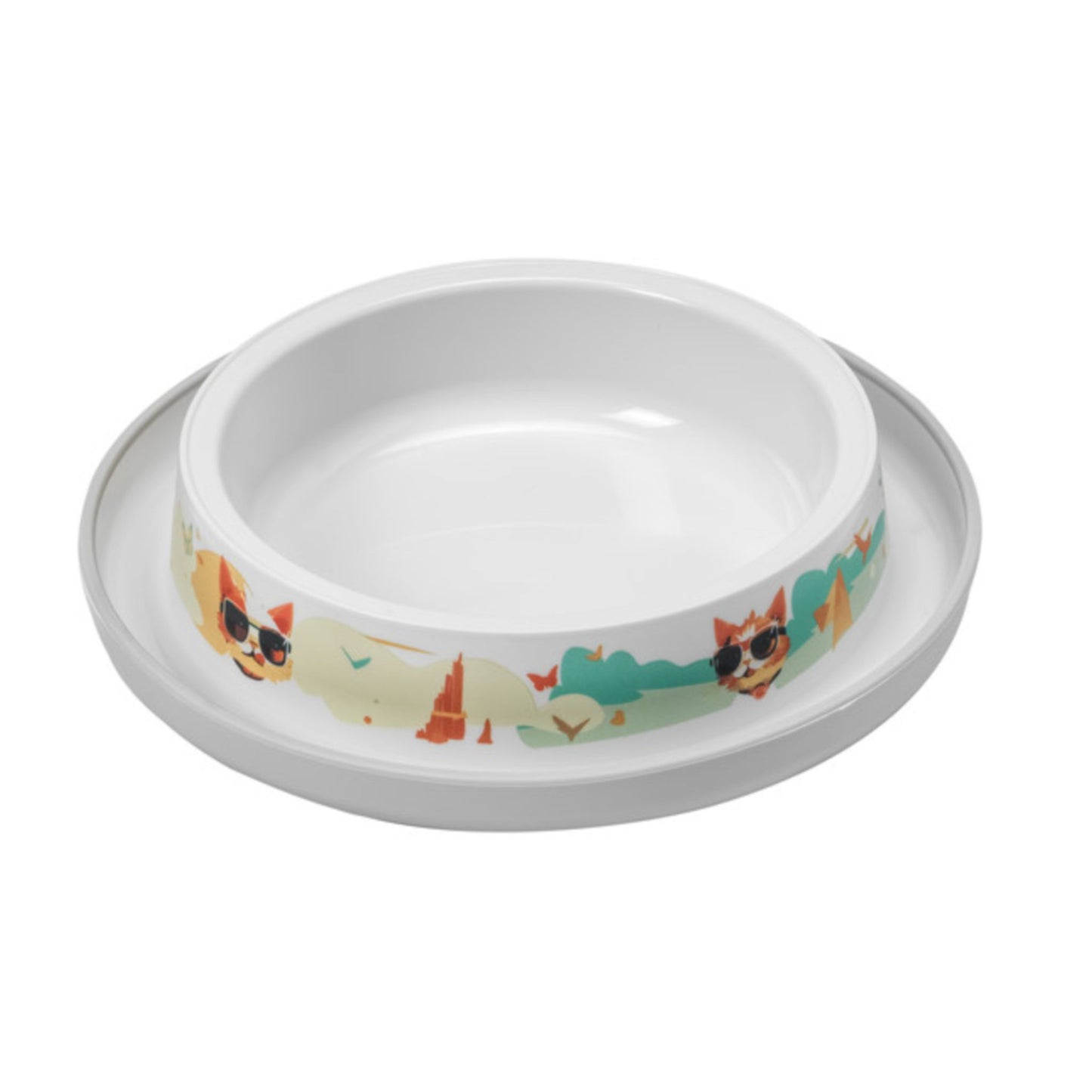 Pet bowl with a colorful cat pattern on a white background