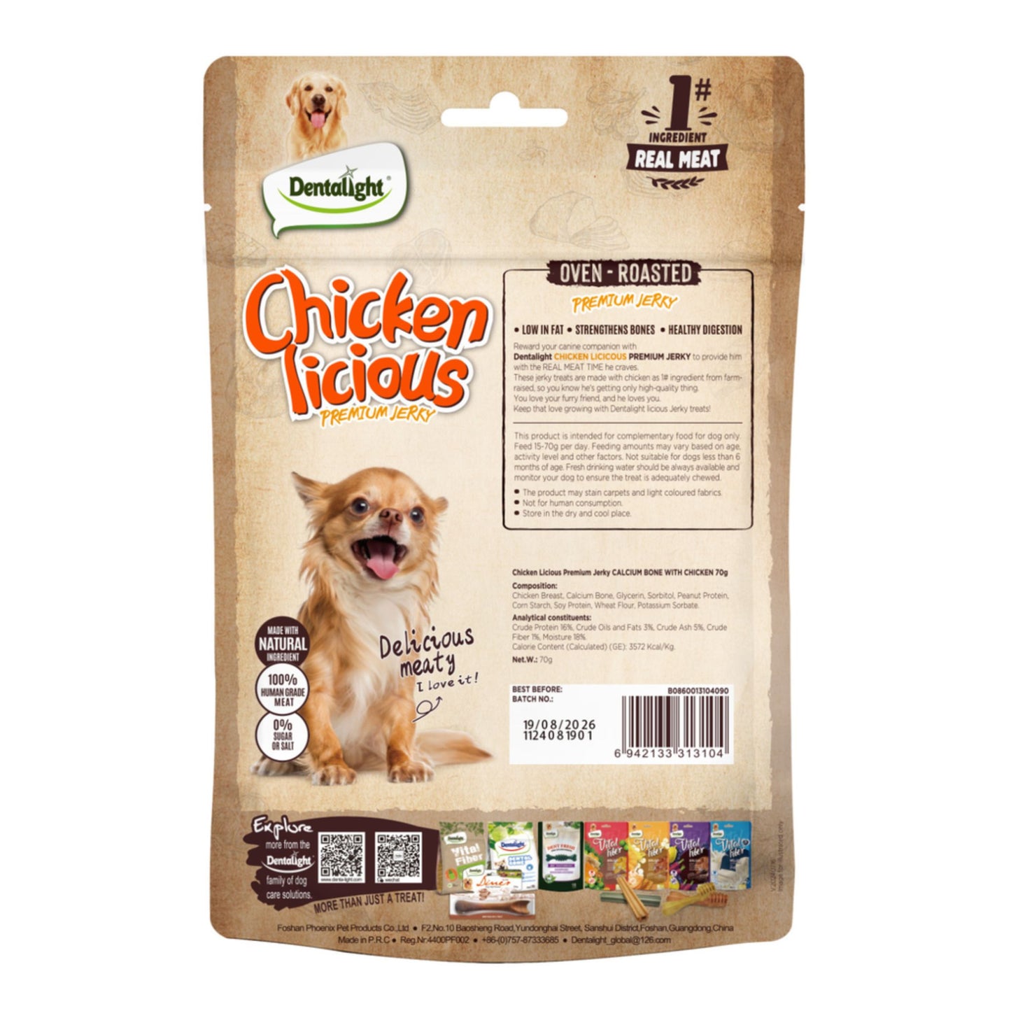 Dentalight Chicken Licious dog treat package on a white background