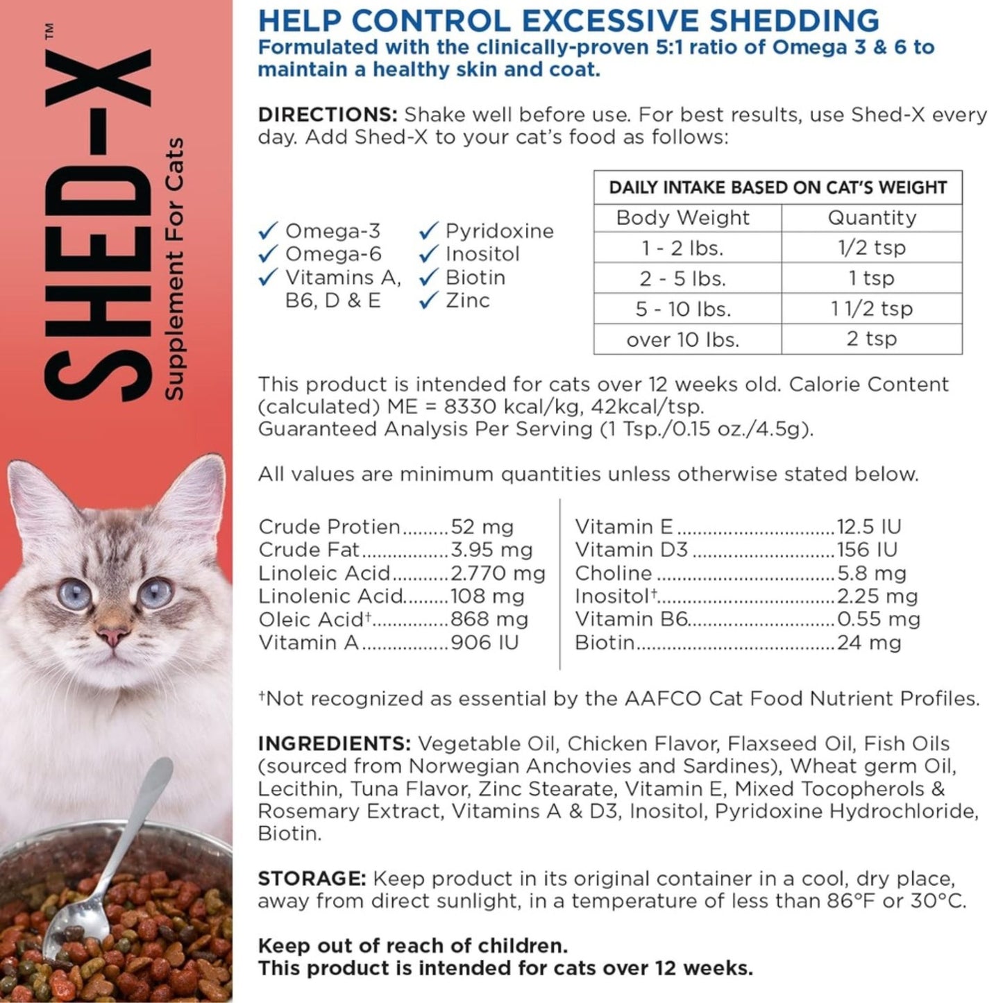 Shed-X supplement for cats packaging with a cat and food ingredients listed.