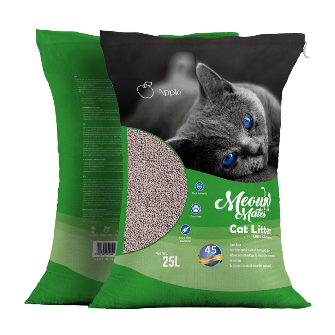 Green bag of Meow Mates cat litter with a cat's face on the packaging.