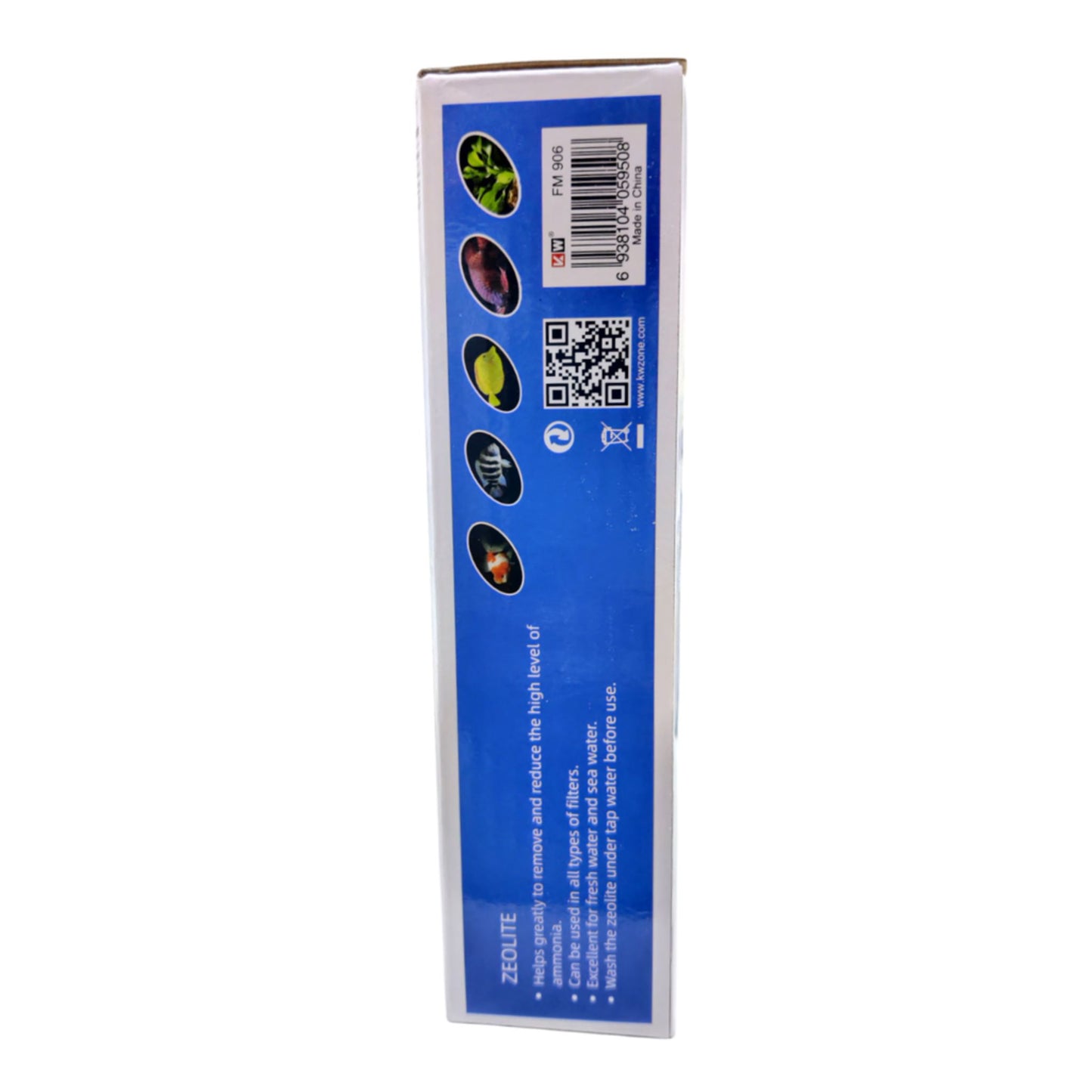 Product packaging with blue label, QR code, and icons on a white background