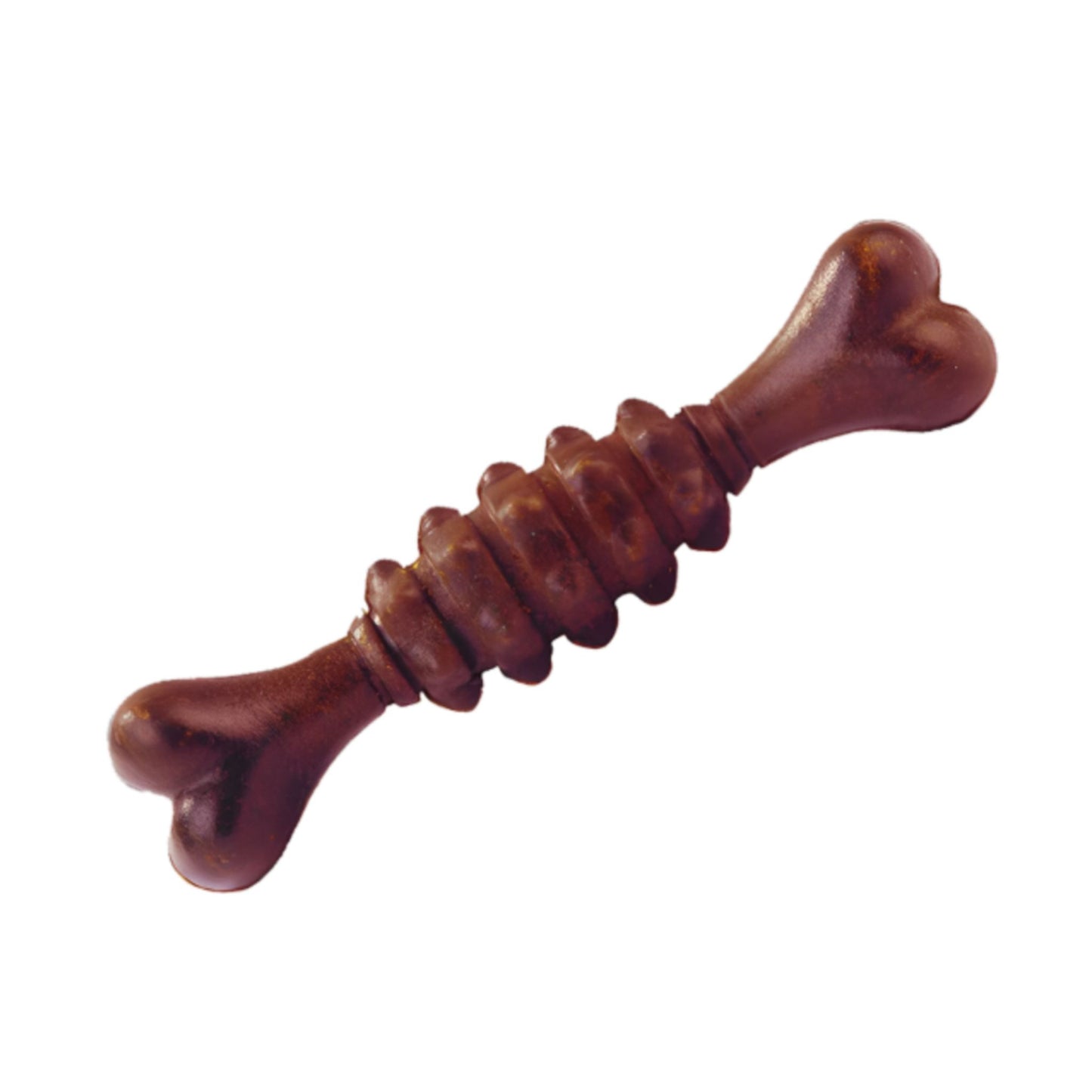 Brown bone-shaped dog toy on a white background