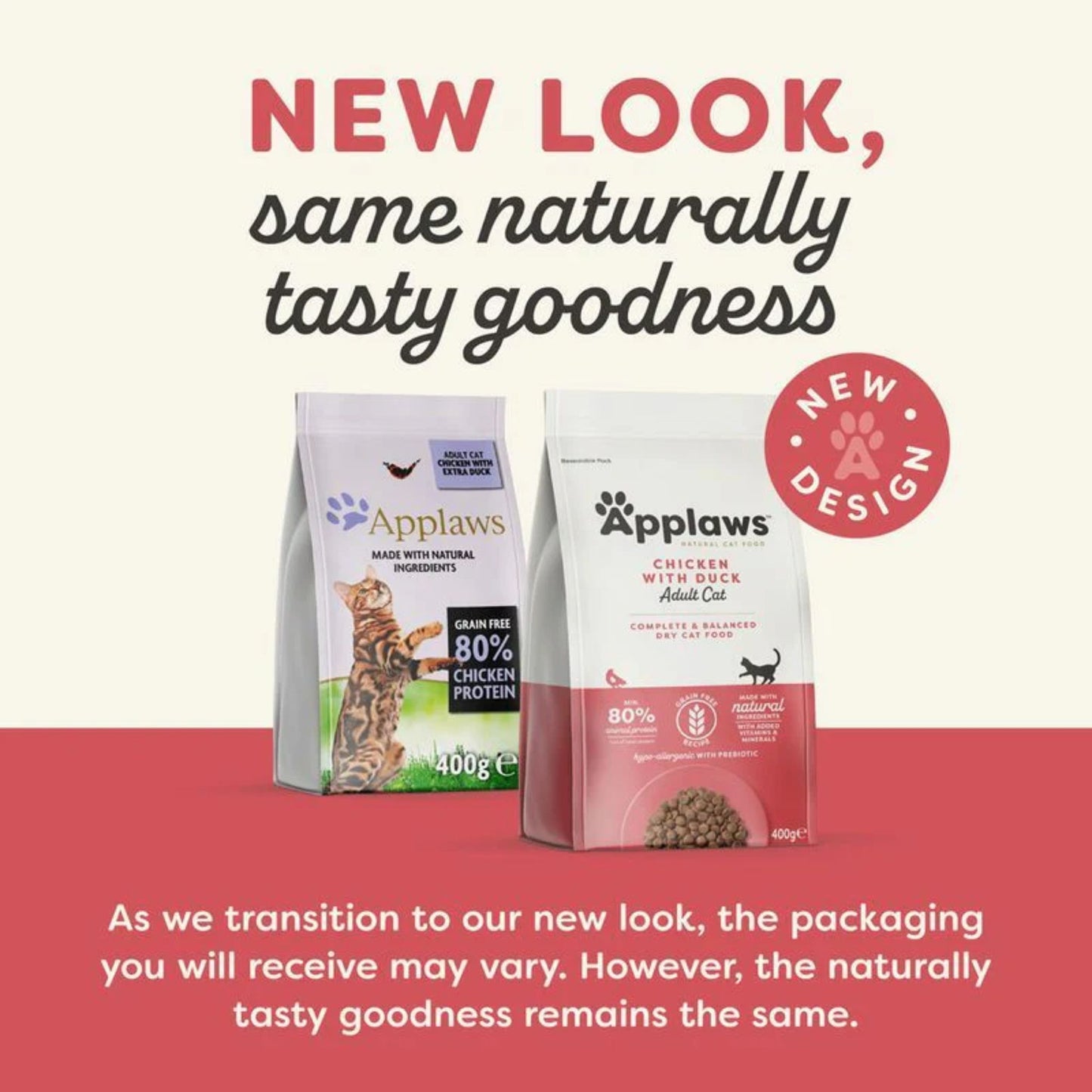 Two Applaws cat food packages with text about new packaging design on a red background