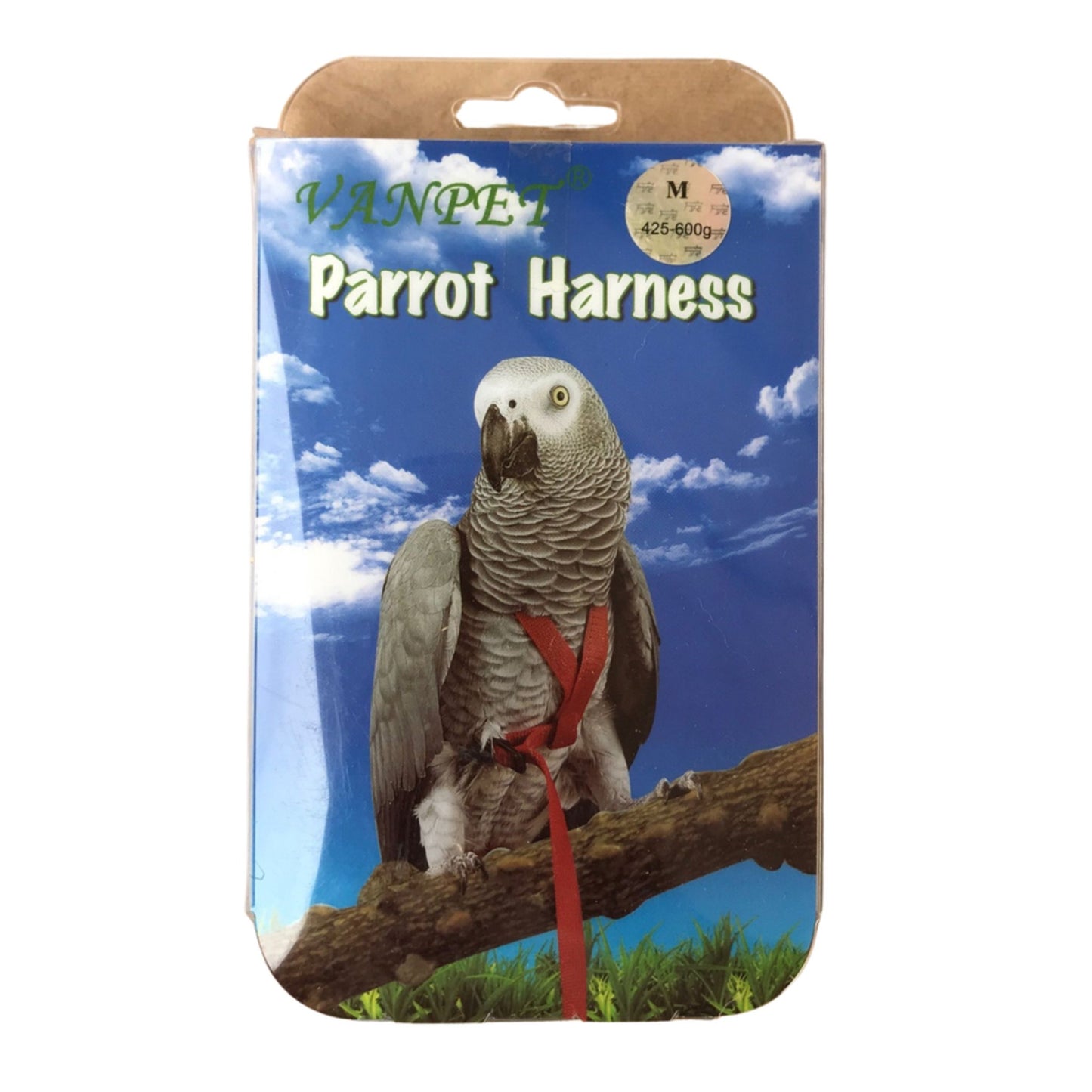 Vanpet parrot harness packaging with a parrot on a branch against a blue sky background