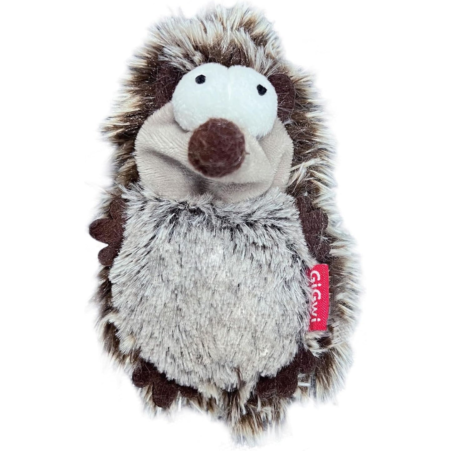 Plush hedgehog toy with a visible brand tag on a white background