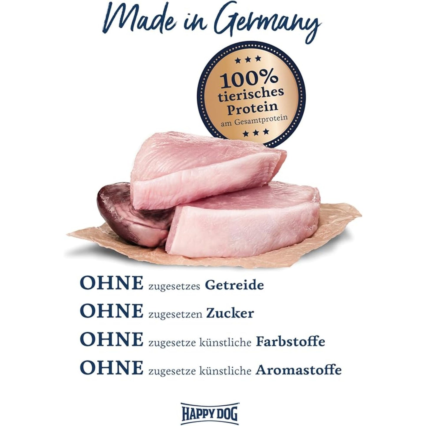 Raw meat product with 'Made in Germany' and '100% tierisches Protein' text on a white background.