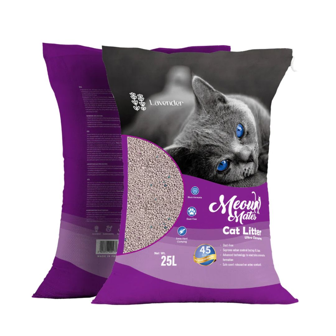 Purple bag of Meow Mates cat litter with a cat on the packaging.
