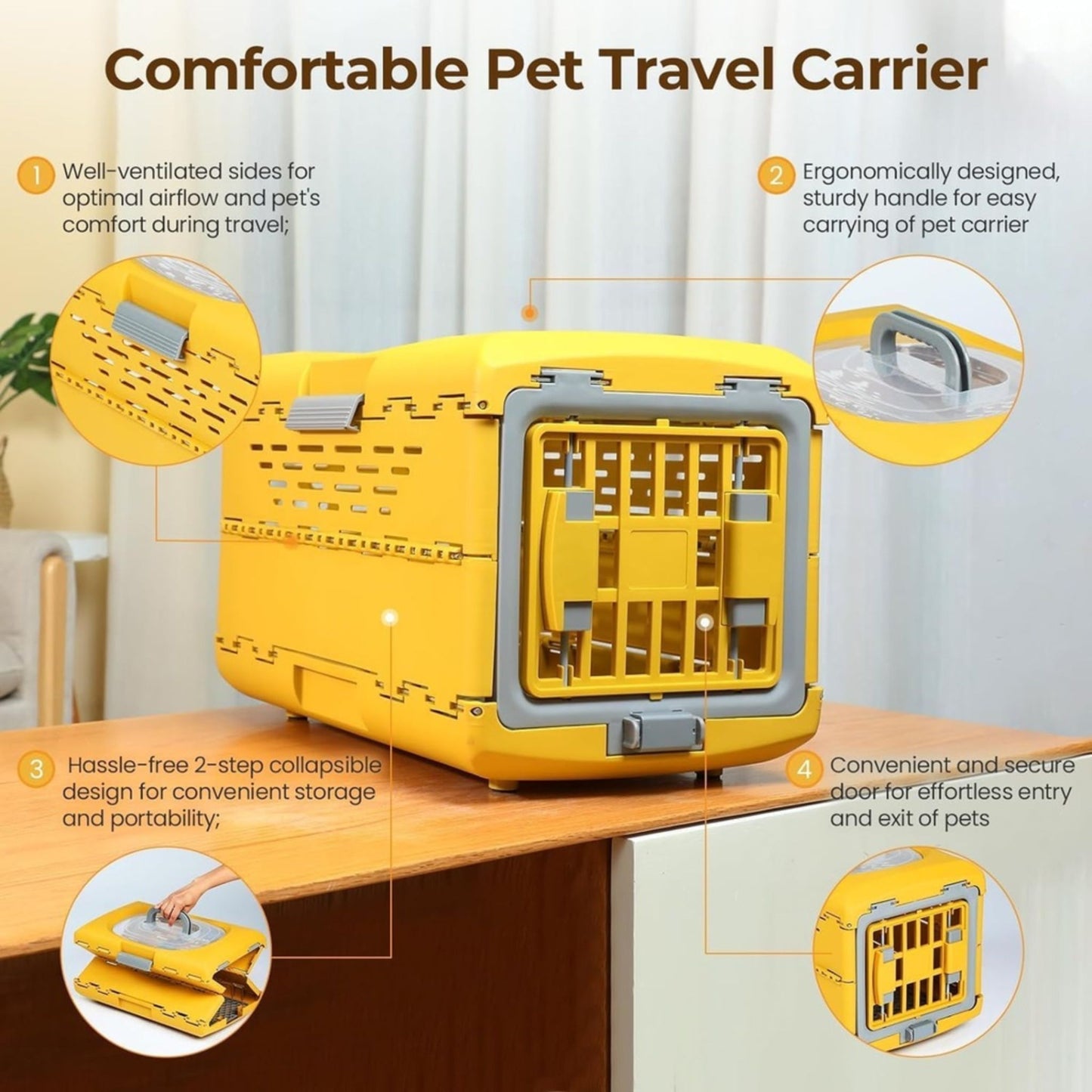 Yellow pet travel carrier with features highlighted on a neutral background