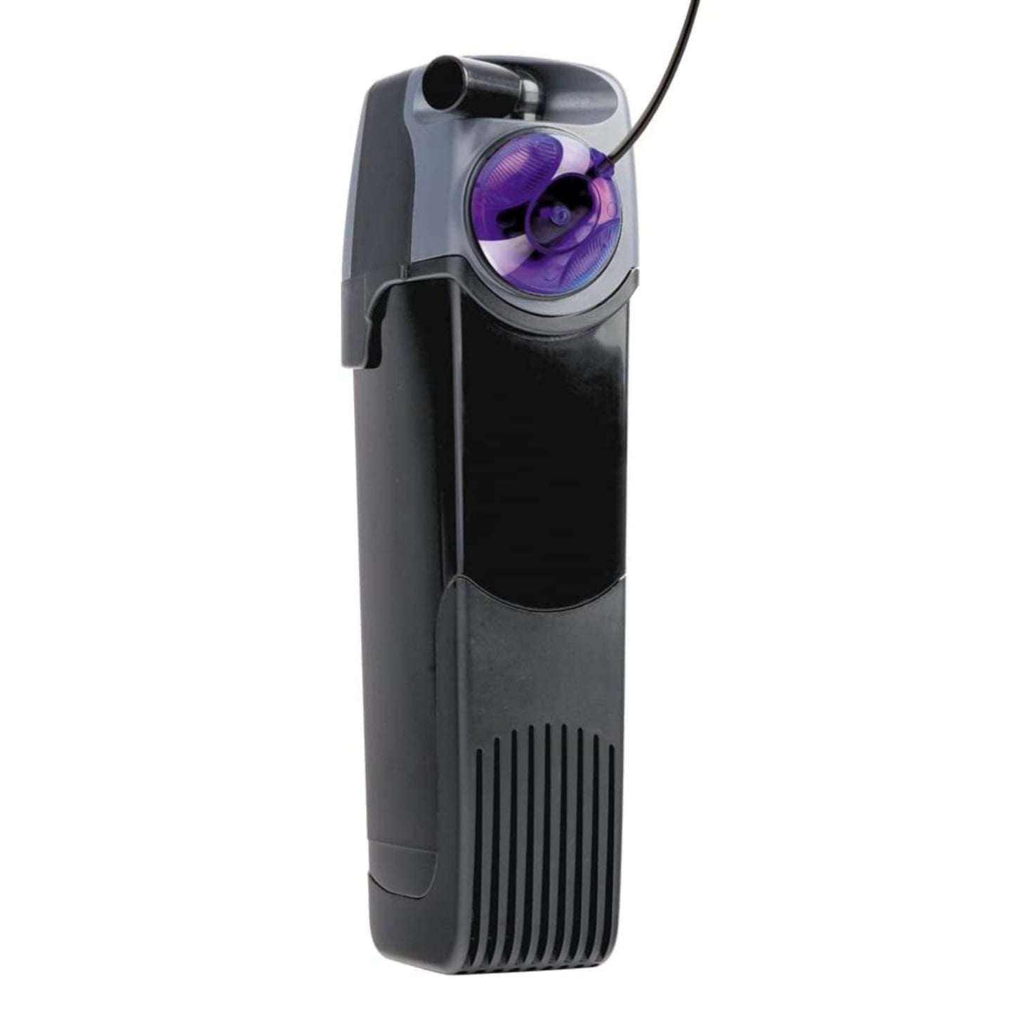 Black and gray electronic device with a purple component on a white background