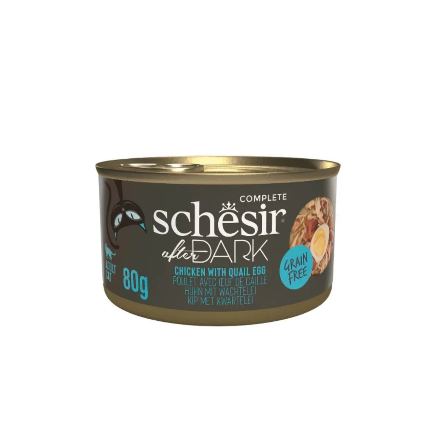 Canned pet food can with 'schesir' branding on a white background