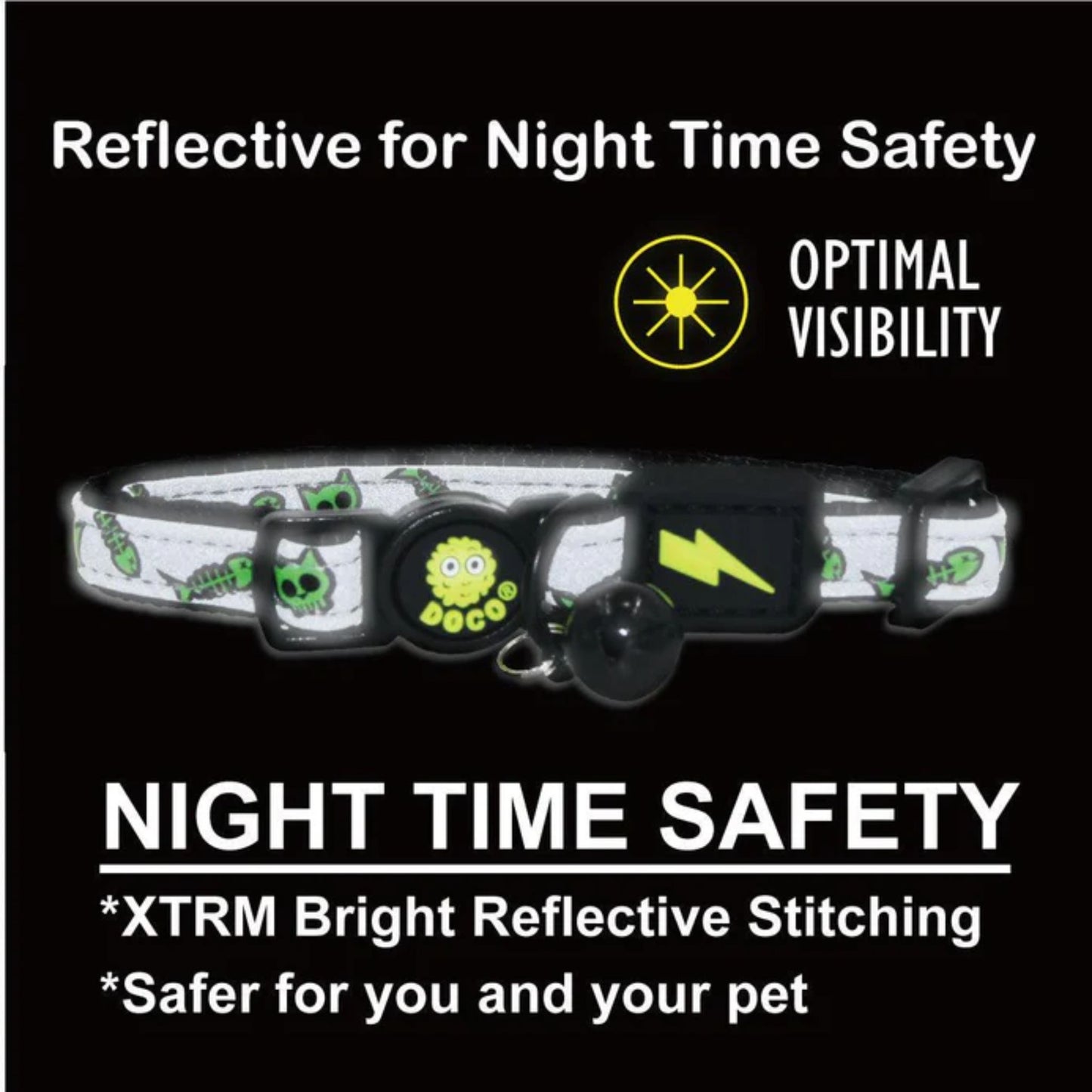 Dog collar with reflective features for night time safety on a black background